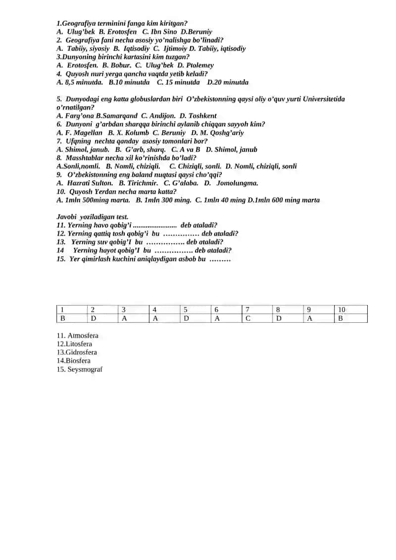 Geografiya fanidan test savollari 5-sinf 1-v 2