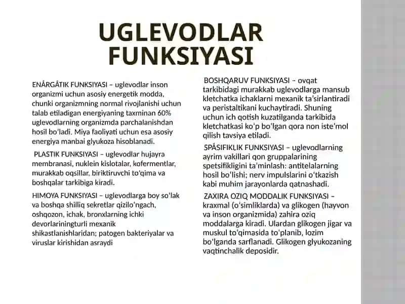 Uglevodlar almashinuvi va funksiyalari 2