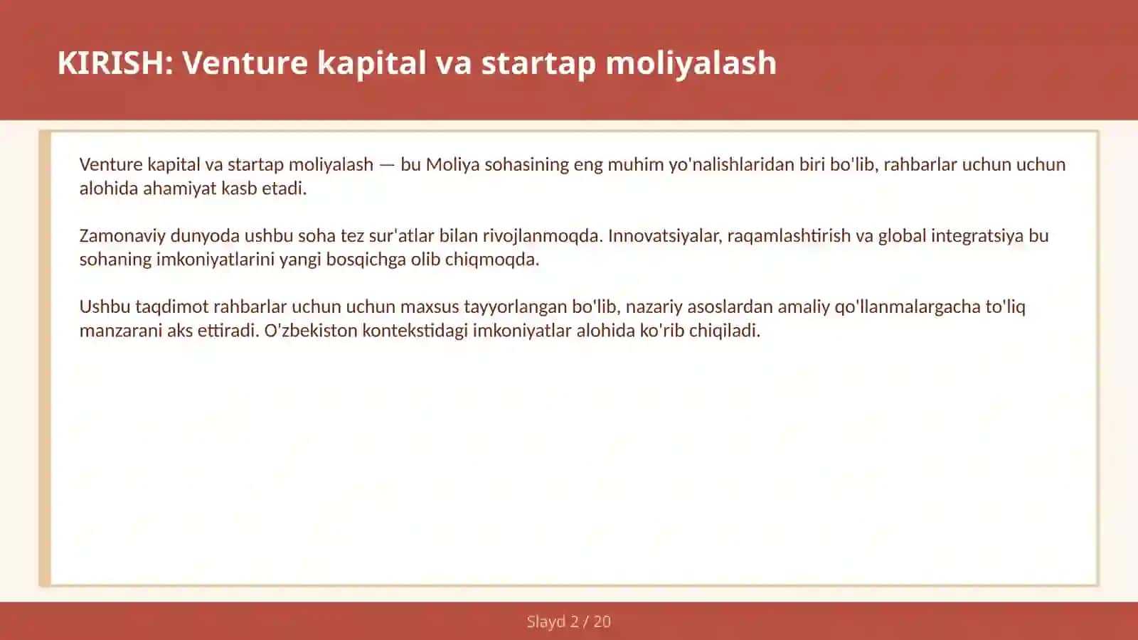 VENTURE KAPITAL VA STARTAP MOLIYALASH 2