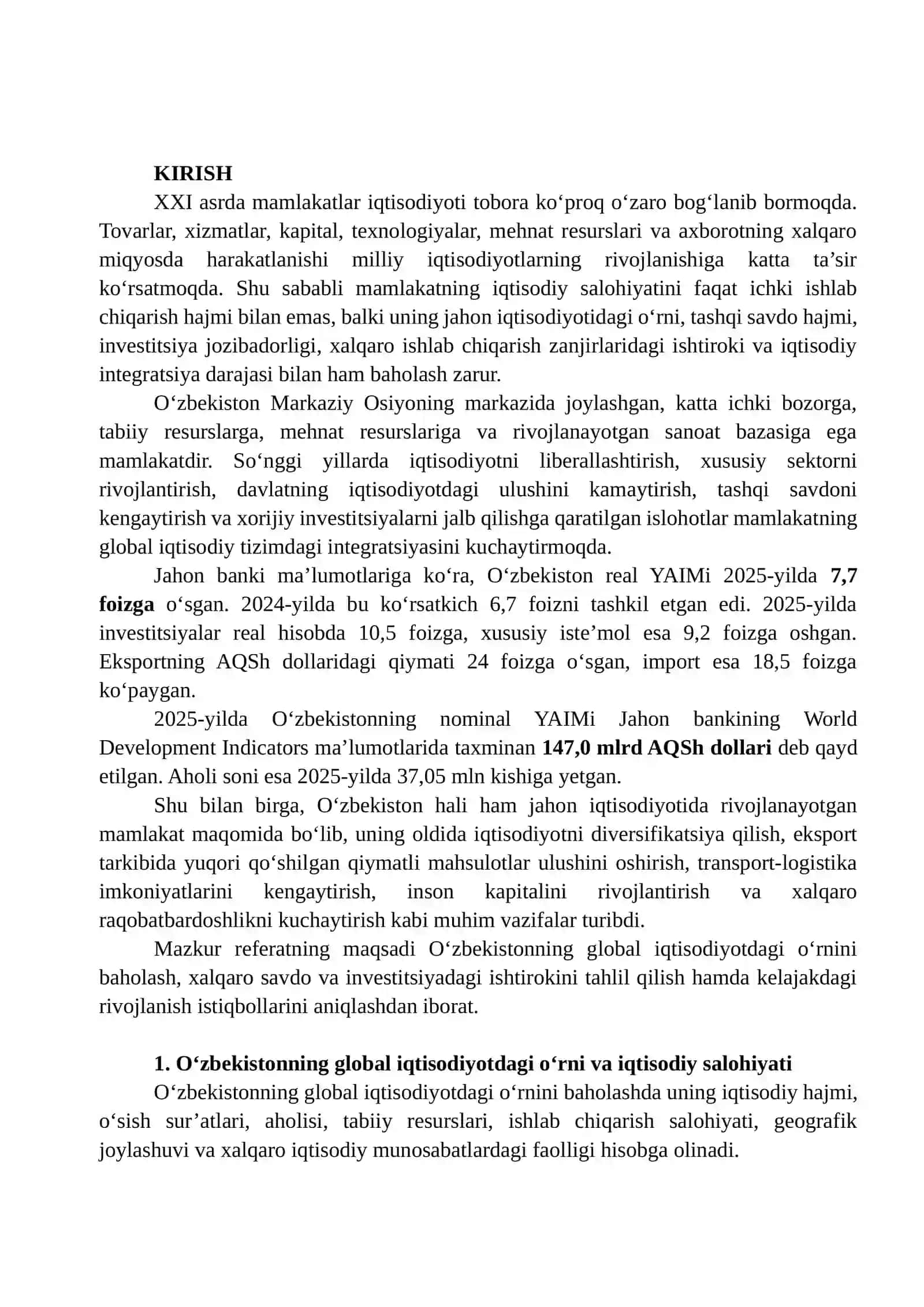 O‘zbekistonning Global Iqtisodiyotdagi O‘rni va Rivojlanish Istiqbollarini Tahlil Qilish 2