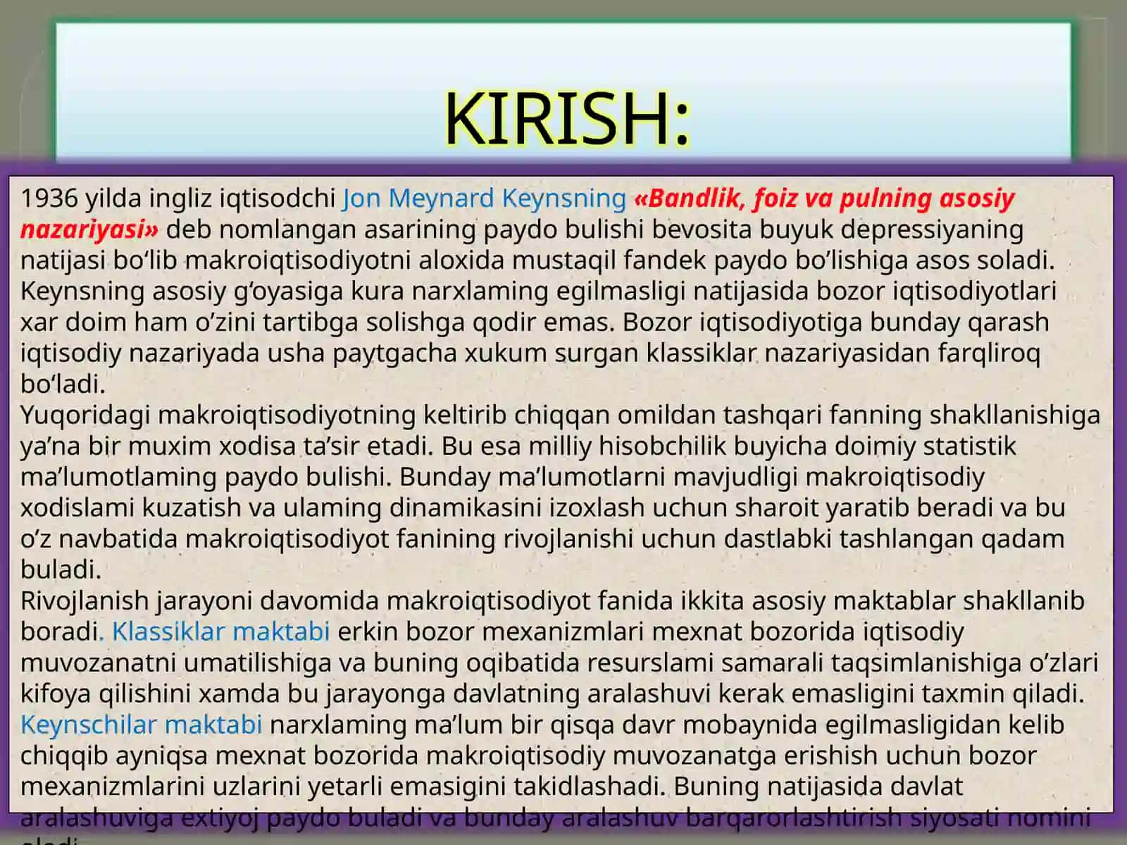 Klassik va Keyns iqtisodi o'rtasidagi asosiy ko'rsatkichlar vaularni hisoblash 2