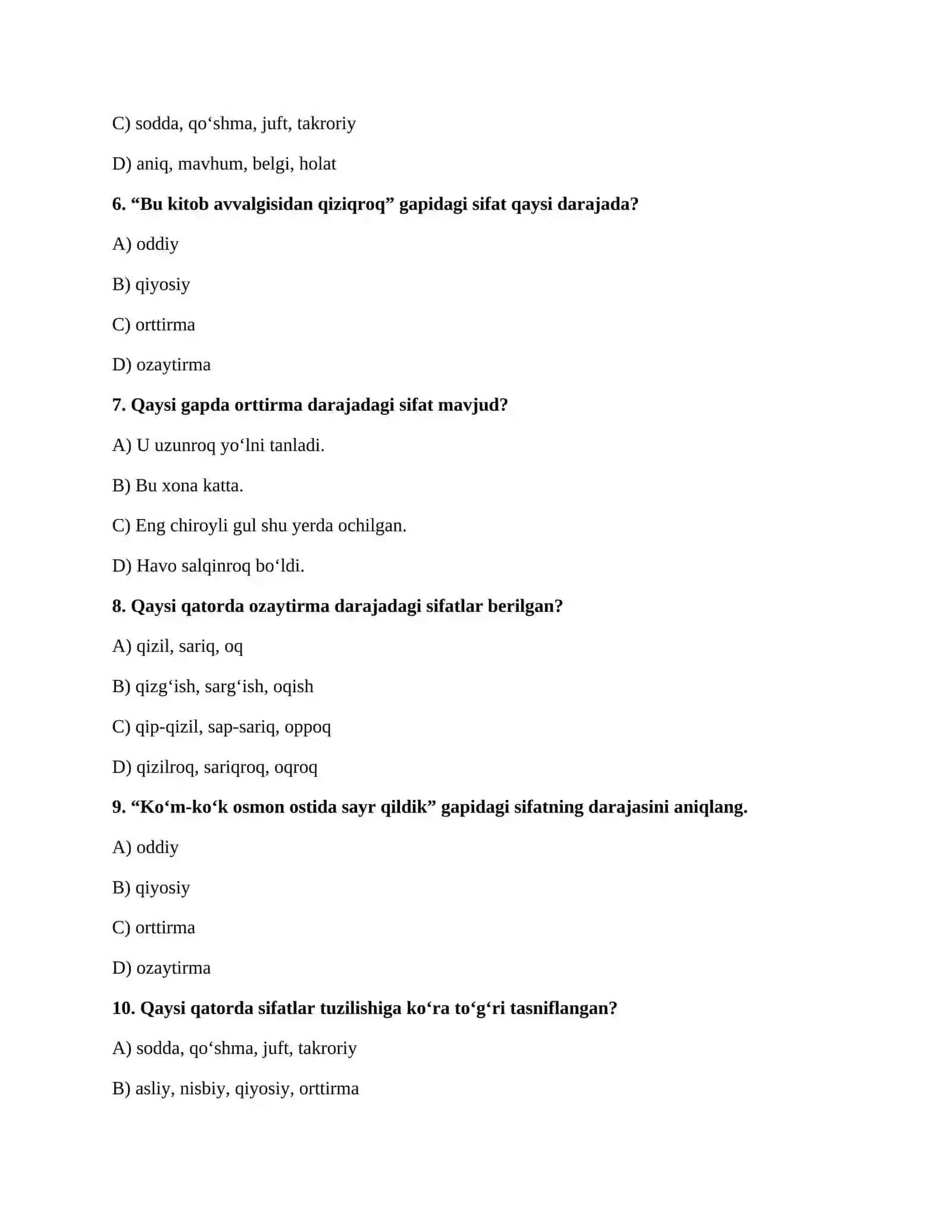 SIFAT SO‘Z TURKUMI BO‘YICHA MURAKKAB TEST 2