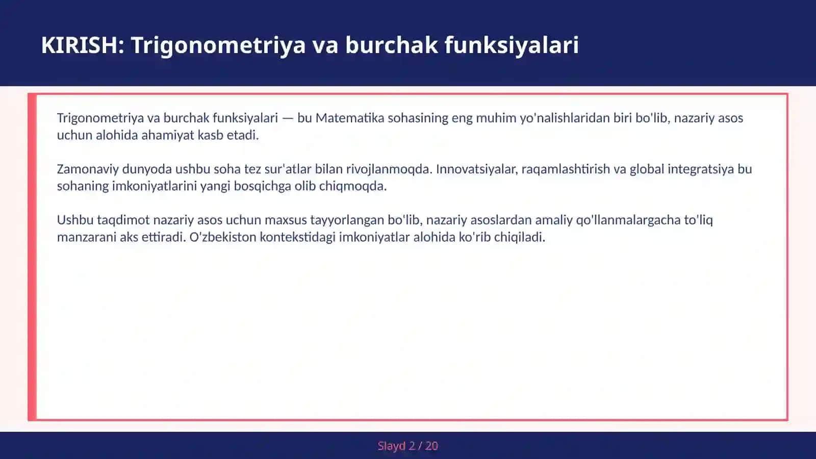 TRIGONOMETRIYA VA BURCHAK FUNKSIYALARI 2