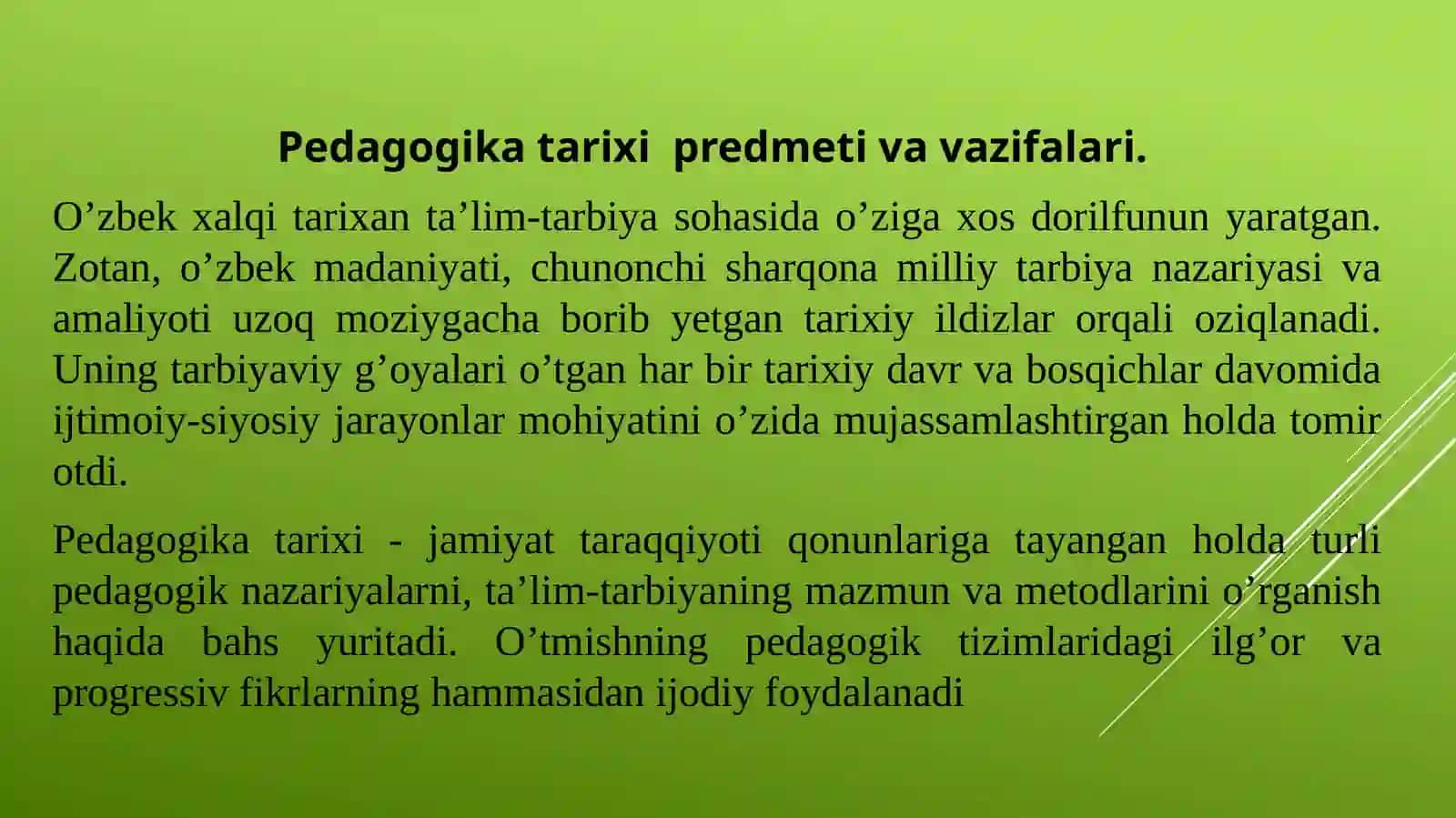 Pedagogika tarixi-fan sifatida. Ibtidoiy jamoa tarbiya. Eng qadimgi davrdan VII asrgacha ta’lim-tarbiya va pedagogik fikrlar. VII asrdan XIV asrning birinchi yarmigacha O’rta Osiyo tarbiya, maktab va pedagogik fikrlar 2