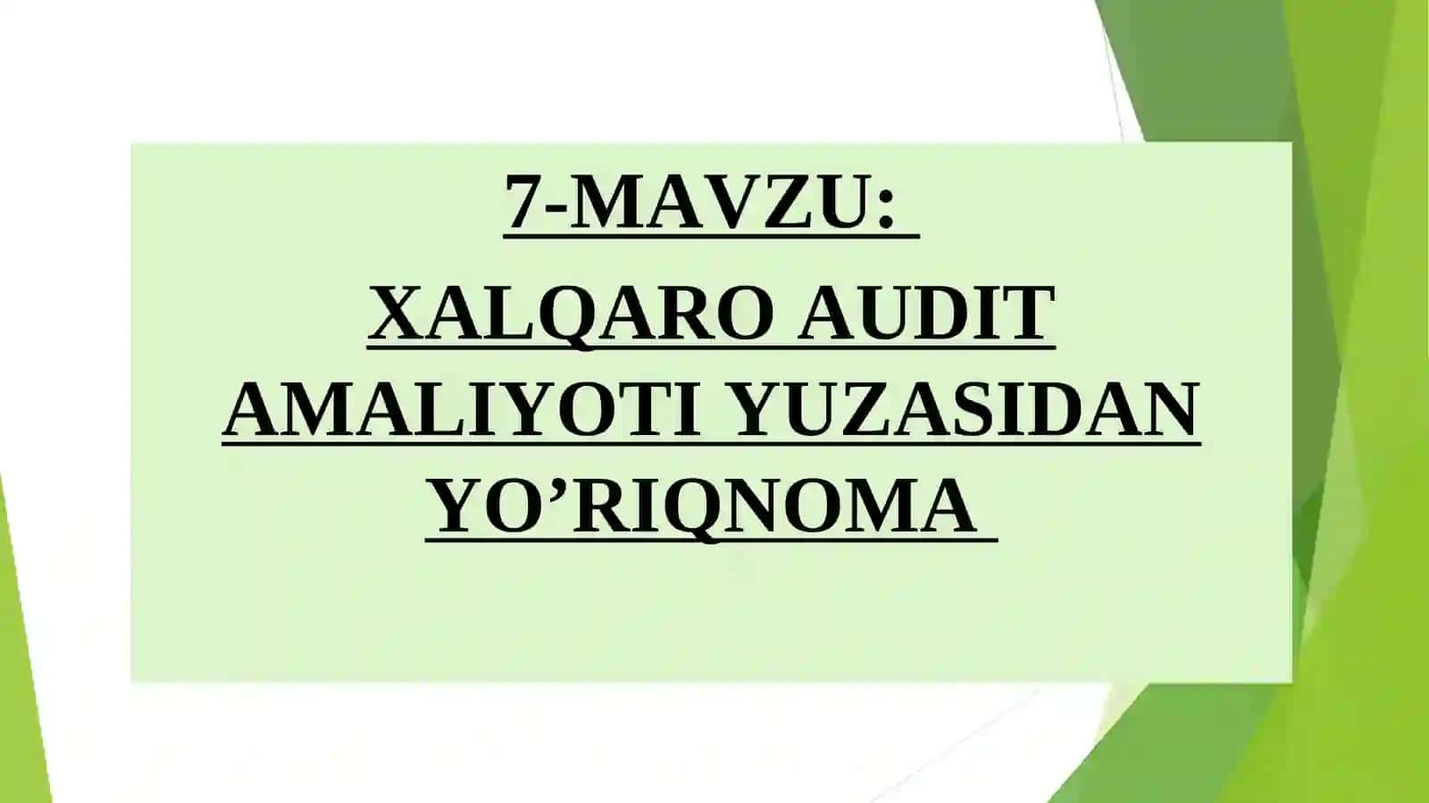 XALQARO AUDIT AMALIYOTI YUZASIDAN YO’RIQNOMA 2