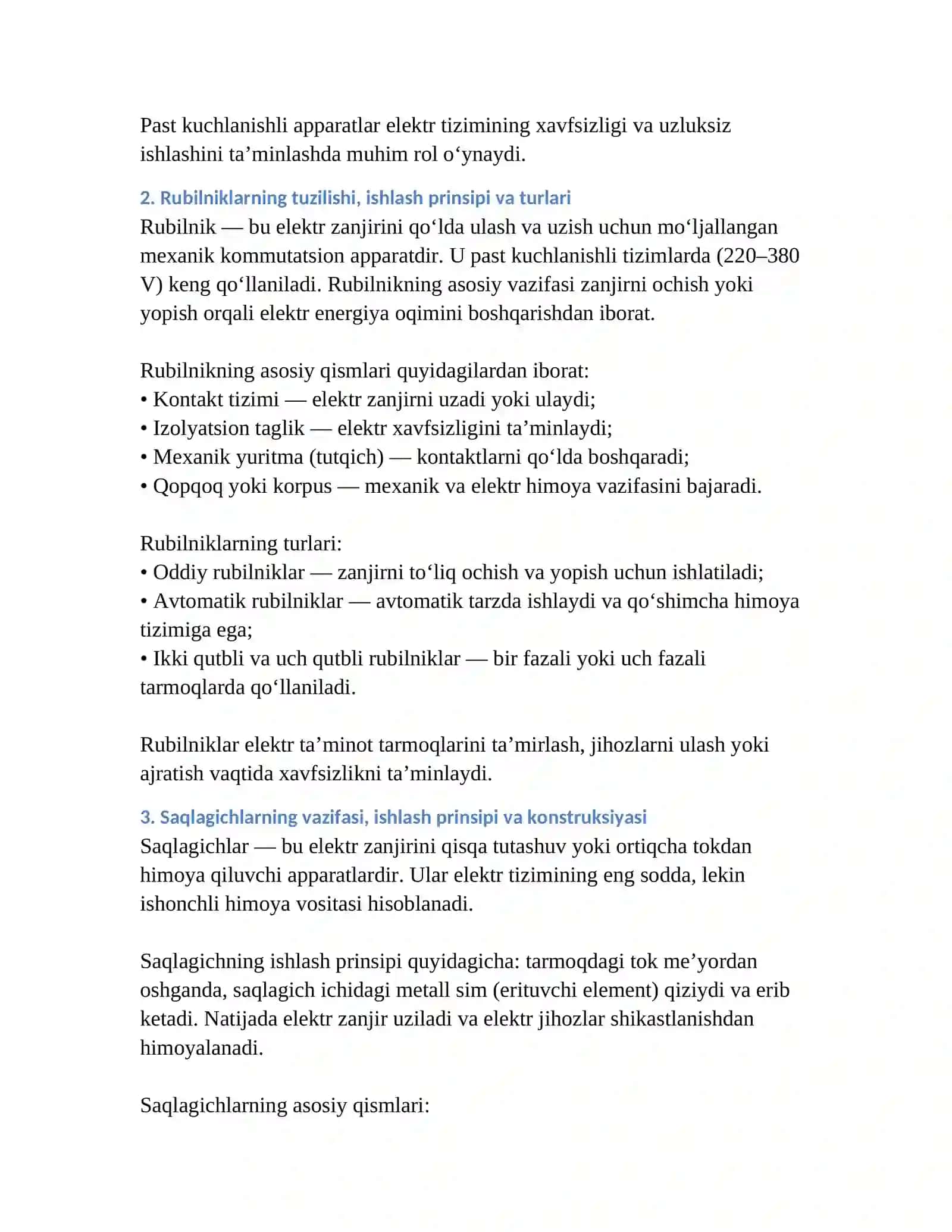 Past kuchlanishli apparatlar: Rubilniklar va saqlagichlar 2