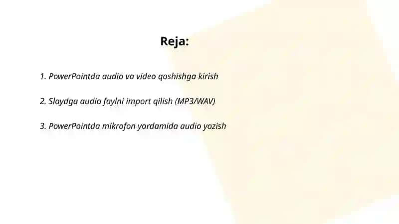 PowerPoint dasturida Taqdimot uchun audio va video qoshish 2
