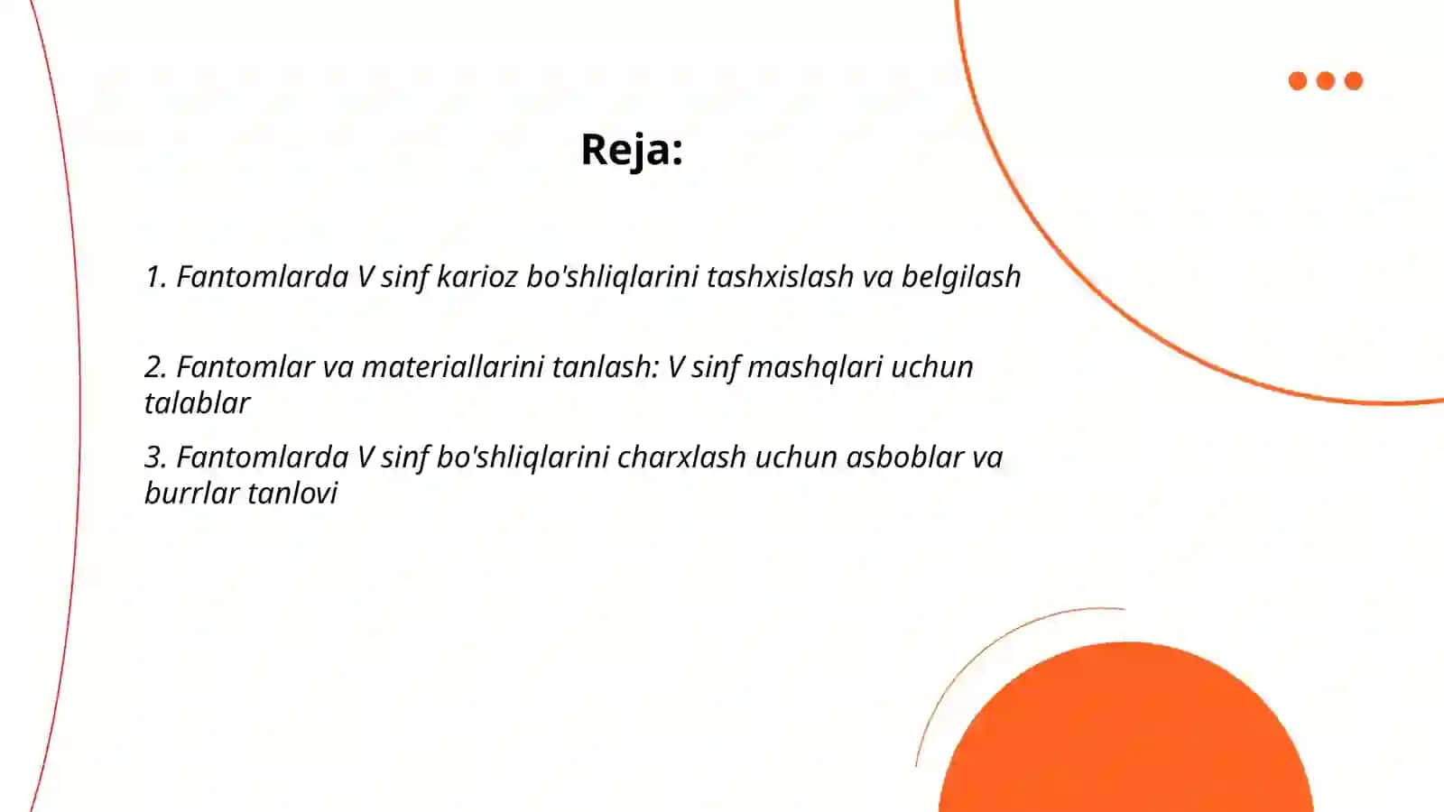 Fantomlarda V sinf karioz bo'shliqlarini charxlash va plombalash 2