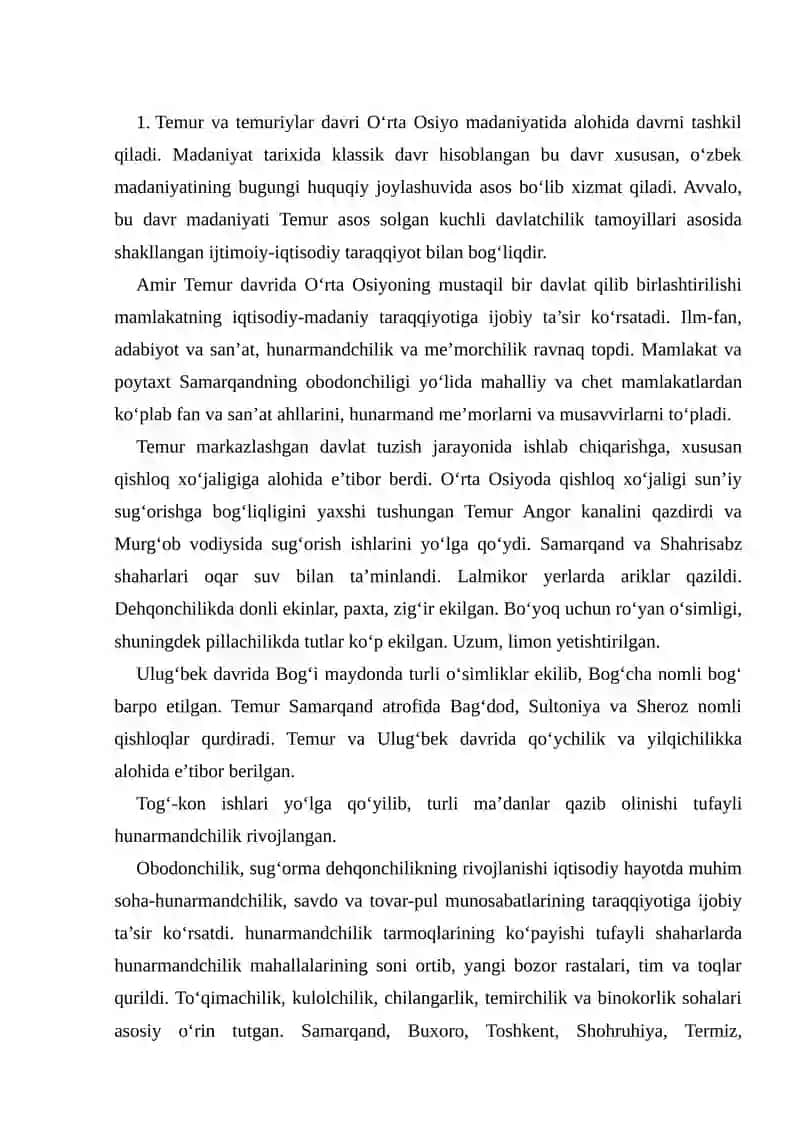 TEMUR VA TEMURIYLAR DAVRI MADANIYATI (XIV ASRNING IKKINCHI YARMI – XV ASR) 2