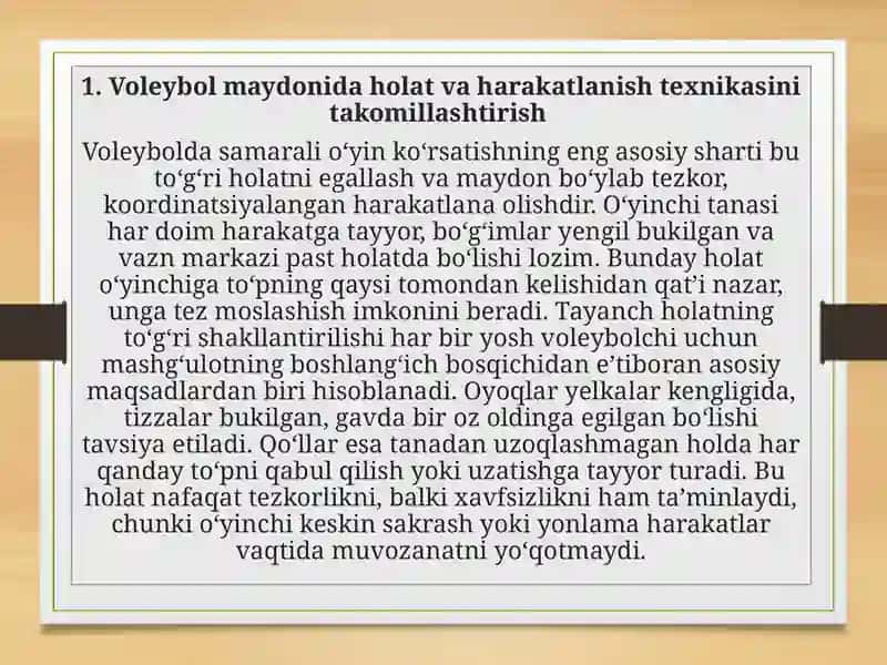 Voleybol maydonida holat va harakatlanish, yuqoridan va pastdan ikki qo'llab to'p uzatish va qabul qilish texnikasini takomillashtirish 2