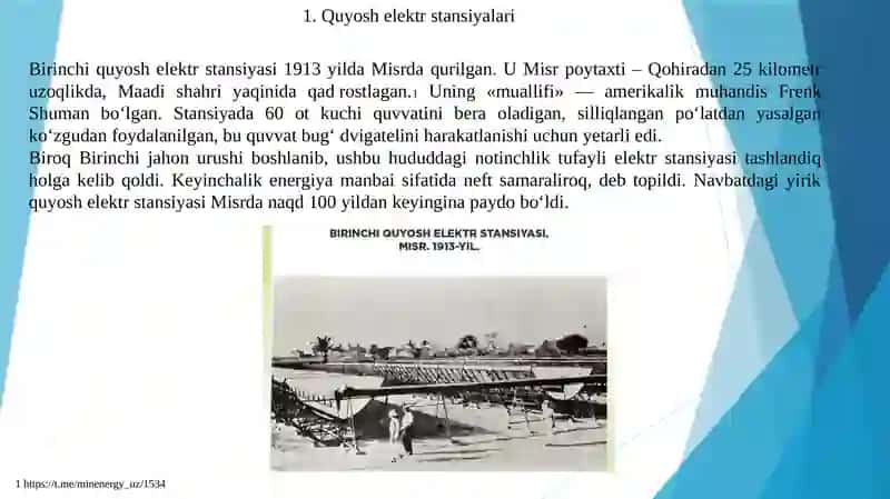Quyosh elektr stansiyalari va ularning klassifikatsiyasi Fotoelektrik Stansiyalarning matematik modeli va parametrlarini hisoblash. 2