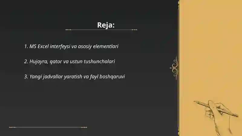 Elektron jadval muharrirlari. MS Excel dasturi. Gʻulomova Nozimaxon 2