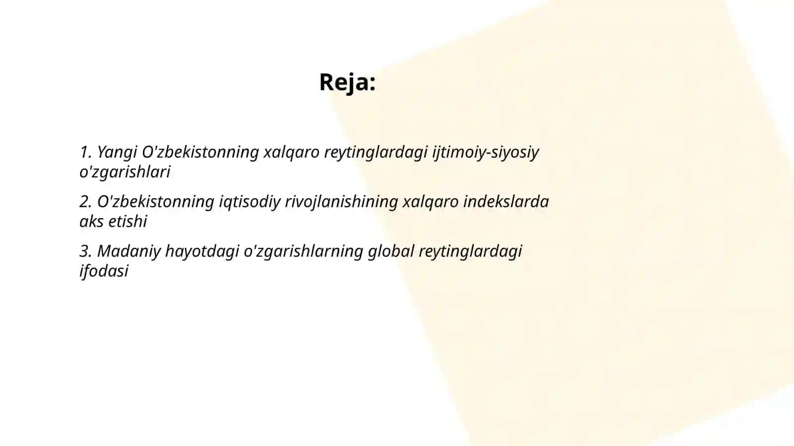 Yangi O'zbekistonning ijtimoiy-siyosiy, iqtisodiy va madaniy hayotida ro'y berayotgan o'zgarishlarning xalqaro reyting va indeksiyalarda aks etishi 2
