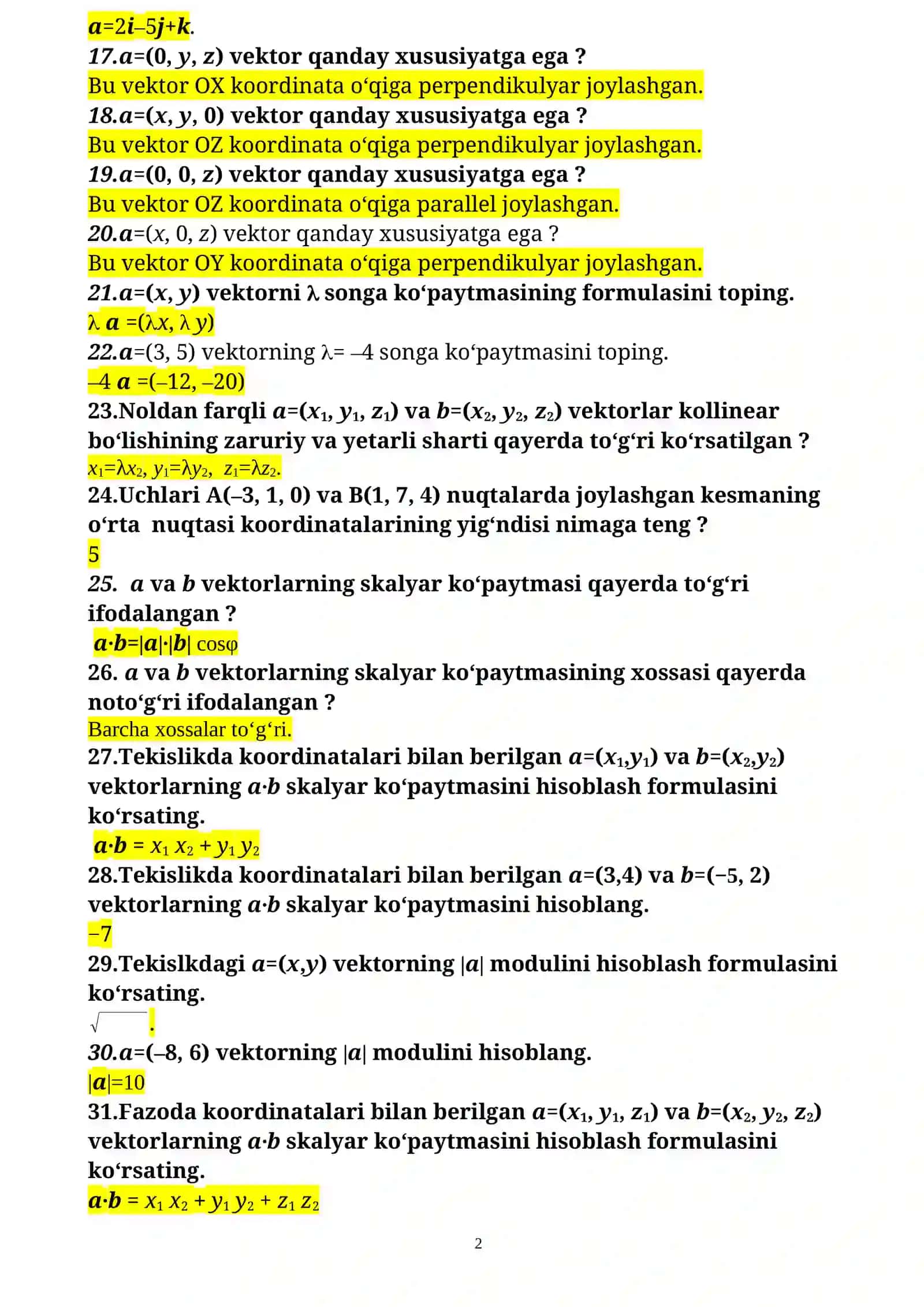 Geometriya fanidan II kurs talabalari uchun yakuniy nazorat testlari 2