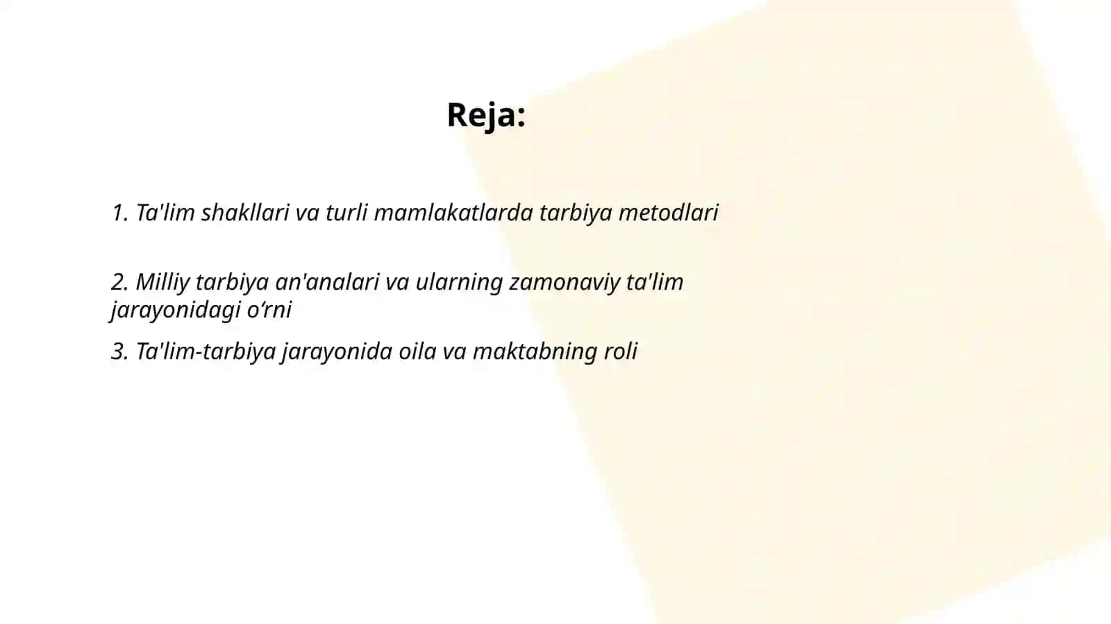 Tarbiya fanining o'ziga xosliklarini qiyosiy tahlil qilish 2