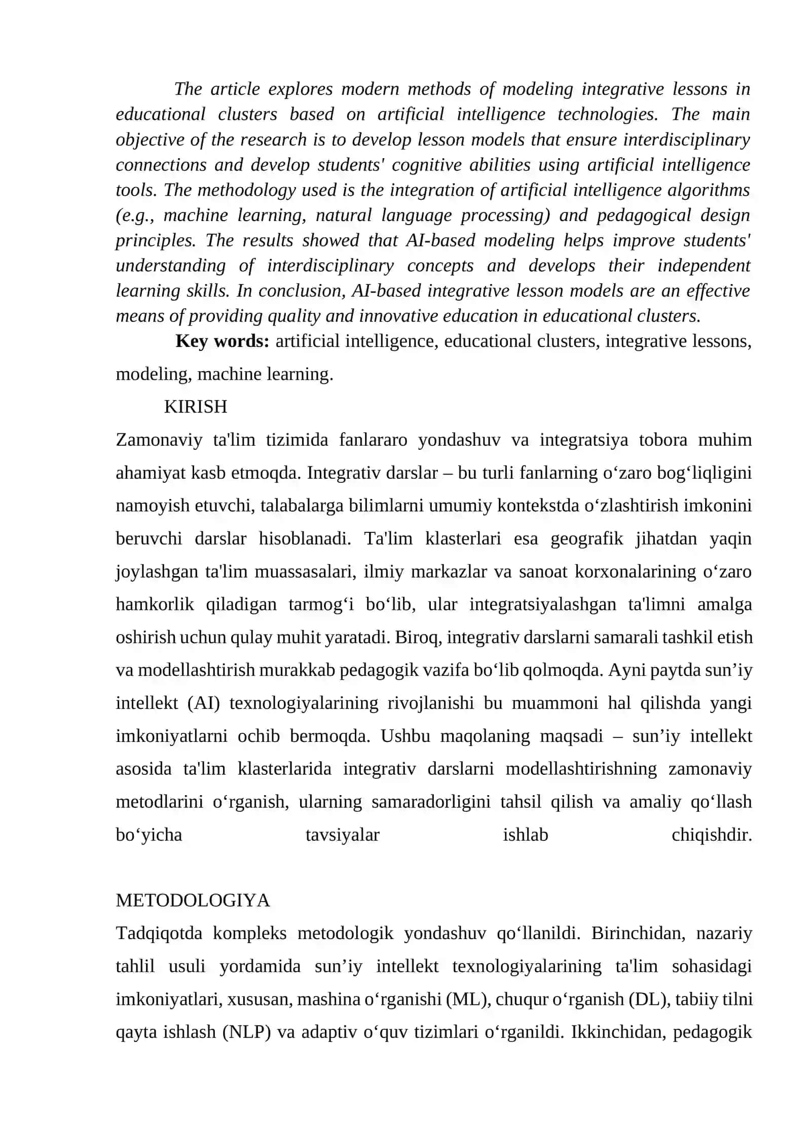 SUN’IY INTELLEKT ASOSIDA TA'LIM KLASTERLARIDA TALABALARNI INTEGRATIV DARSLARNI MODELLASHTIRISHNING ZAMONAVIY METODLARI 2