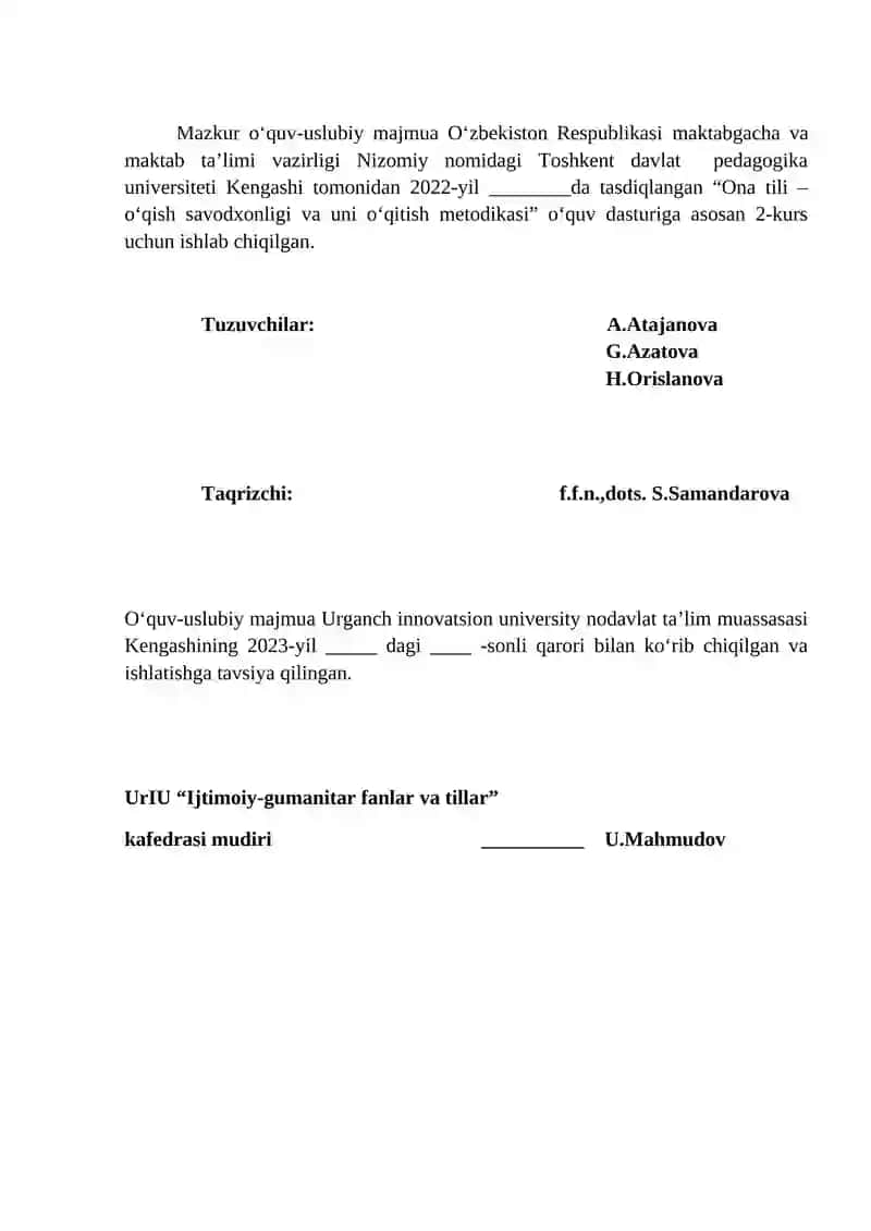 Ona tili - O‘qish savodxonligi va uni o‘qitish metodikasi 2