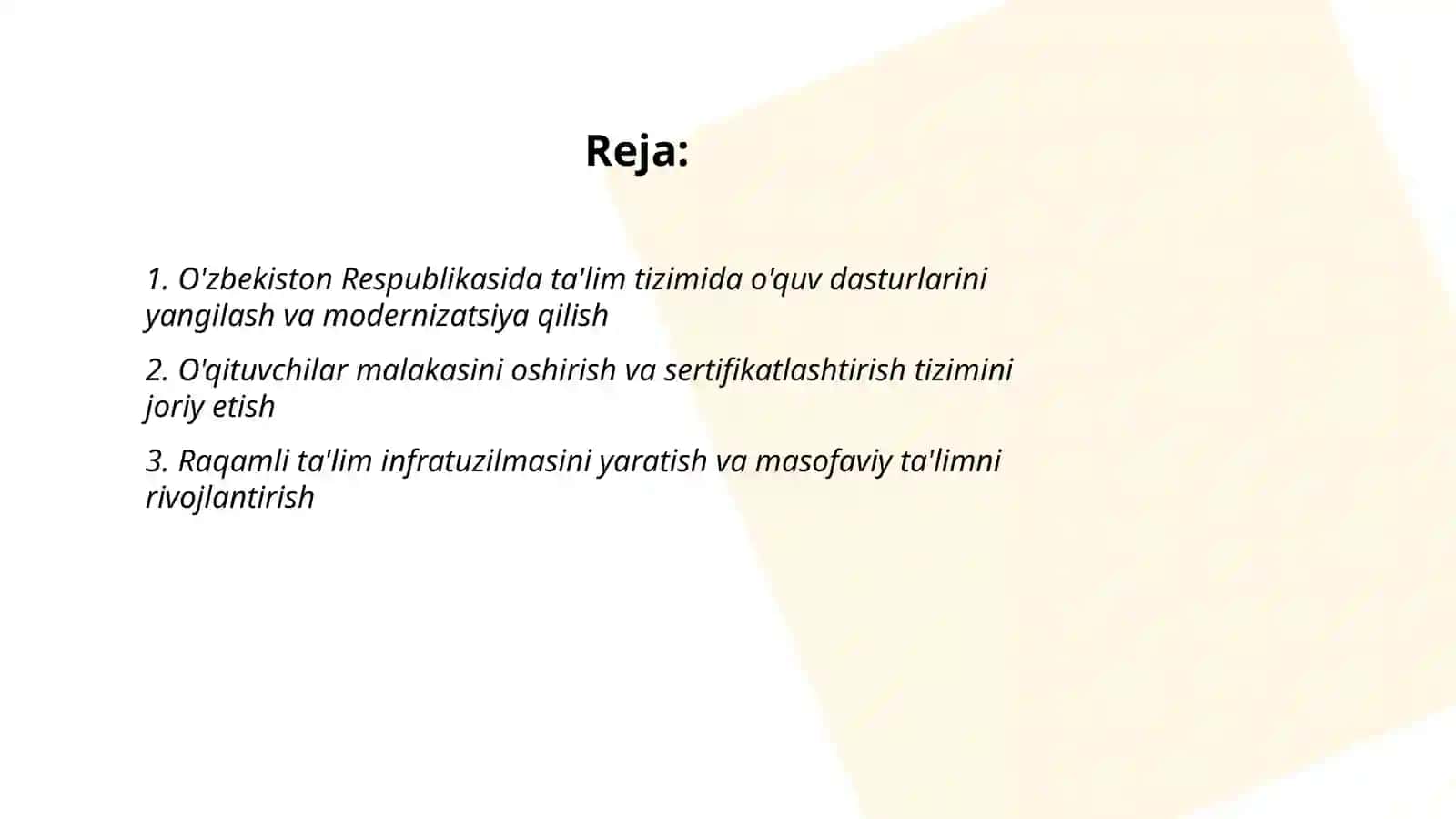 O'zbekistob Respublikasida ta’lim tizimida yangi islohotlarning amalga oshirilishi 2