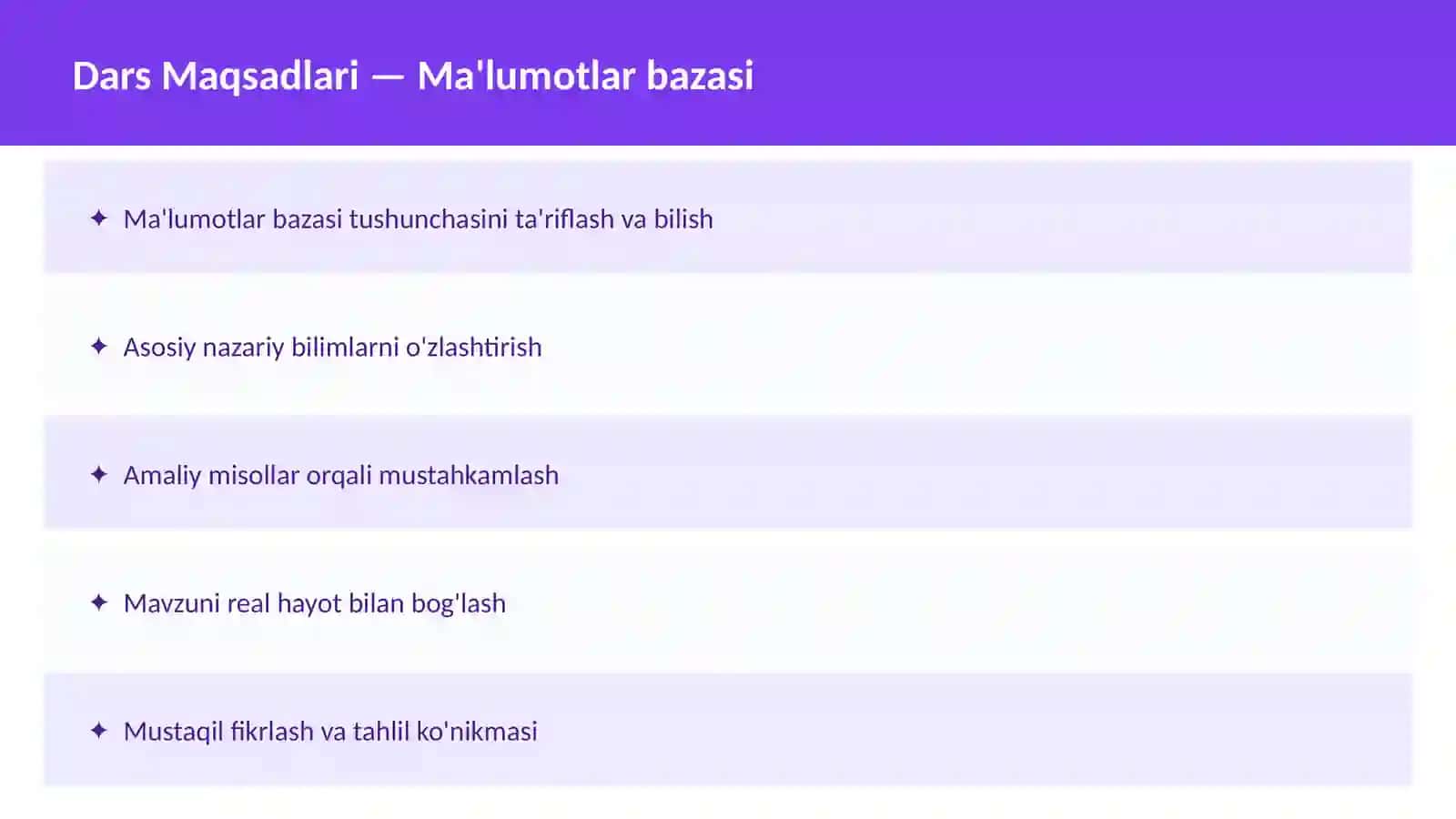 SQL O'qituvchilar va talabalar uchun dars ishlanma 2