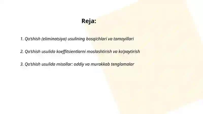 Ikki o‘zgaruvchili tenglamalar sistemasini yechishning qo‘shish, o‘rniga qo‘yish, grafik usullari 2