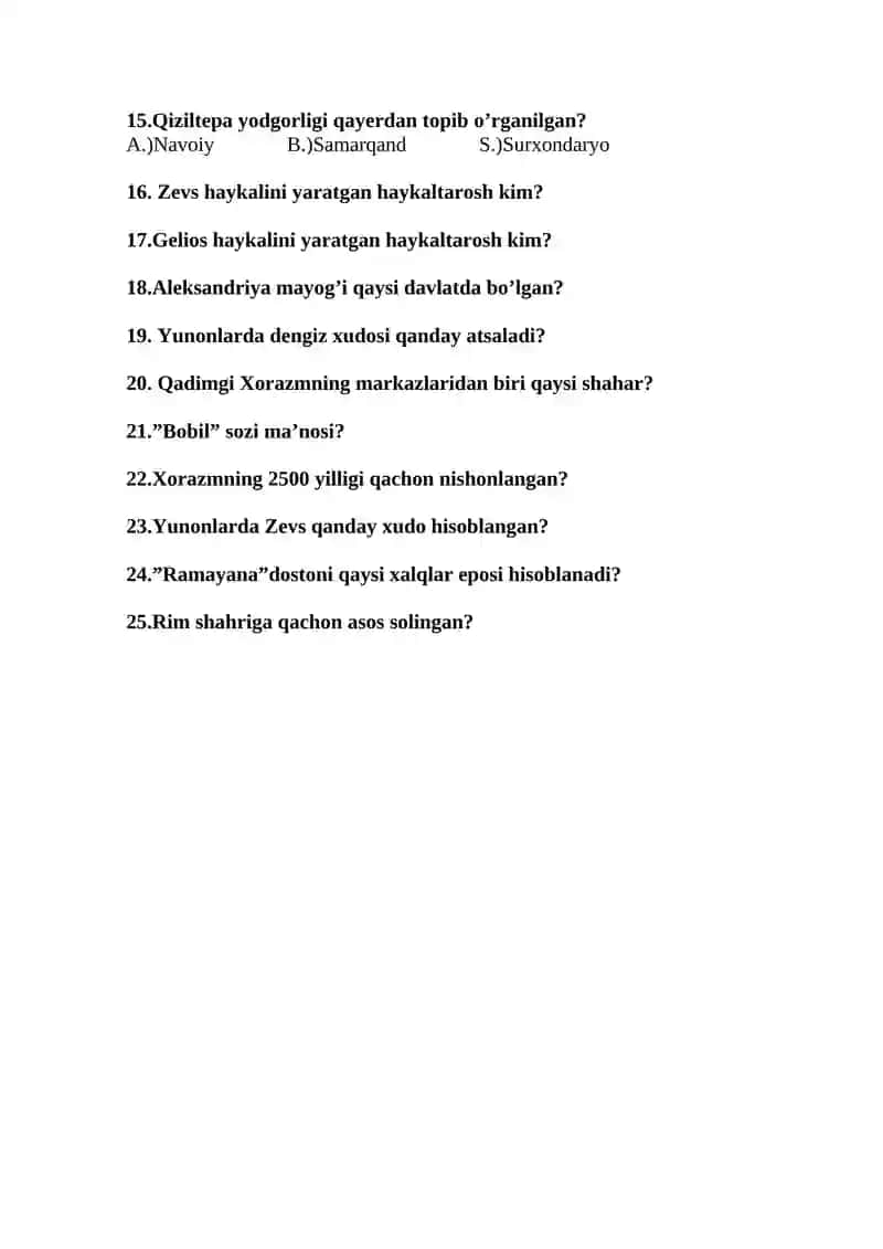5-sinf uchun tarixdan testlar ( II chorak ) 2