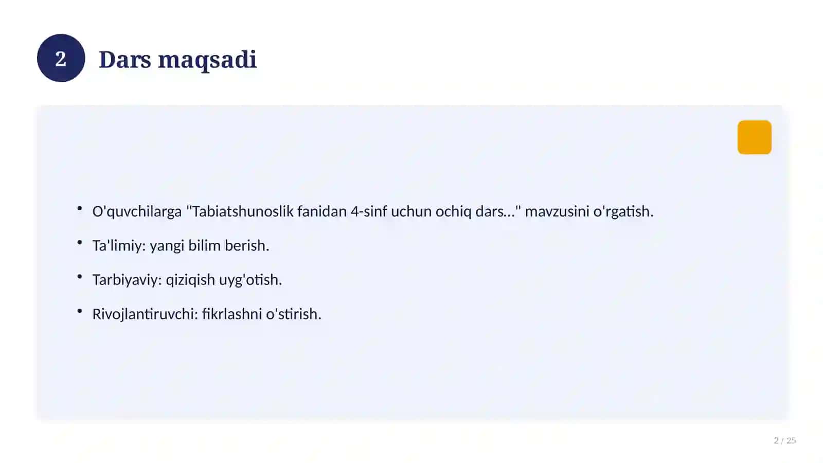 Tabiatshunoslik fanidan 4-sinf uchun ochiq dars ishlanmasi 2