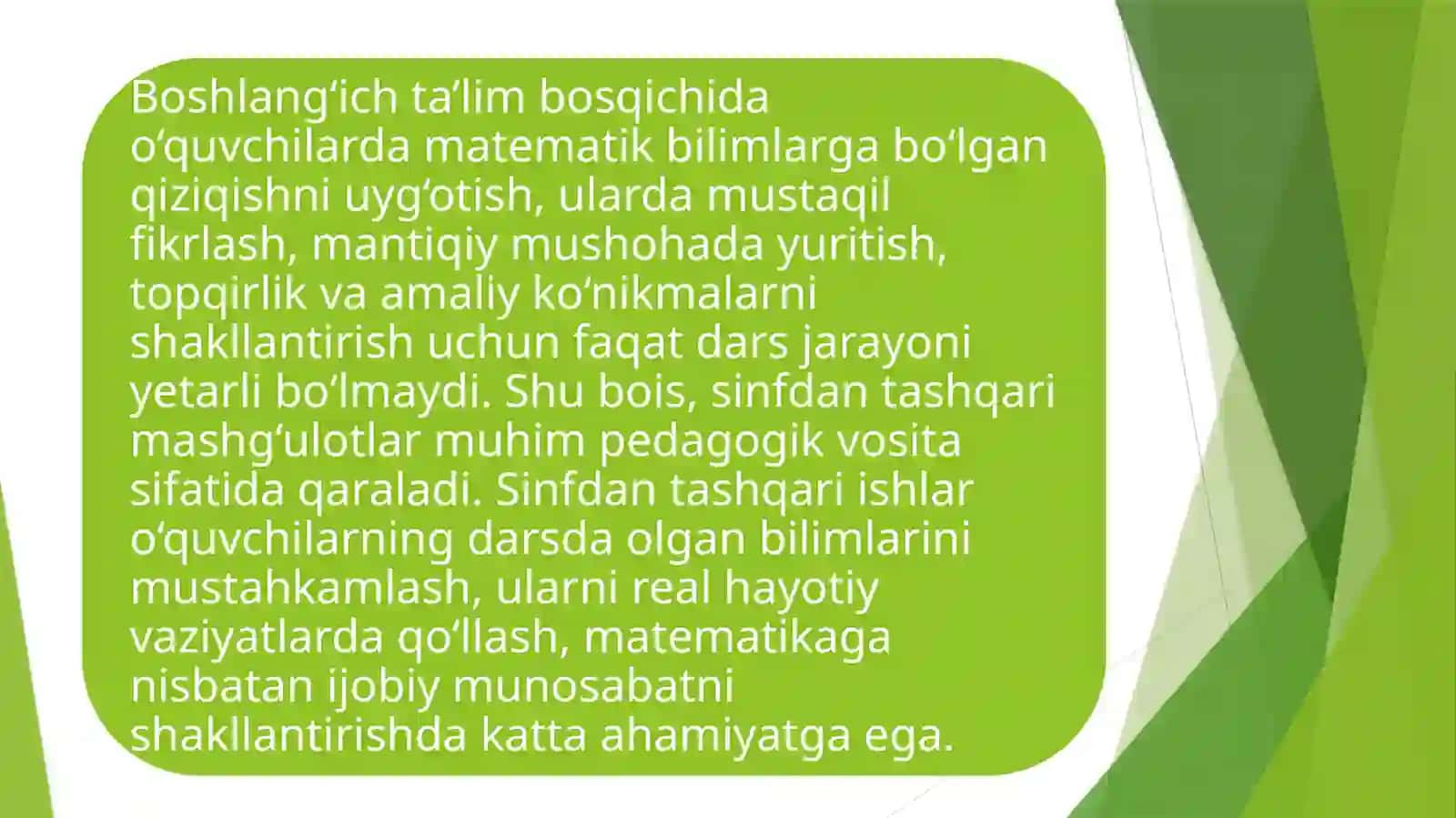 Boshlang’ich sinflarda matematikadan sinfdan tashqari ishlarni tashkil etishning maqsad va vazifalari 2