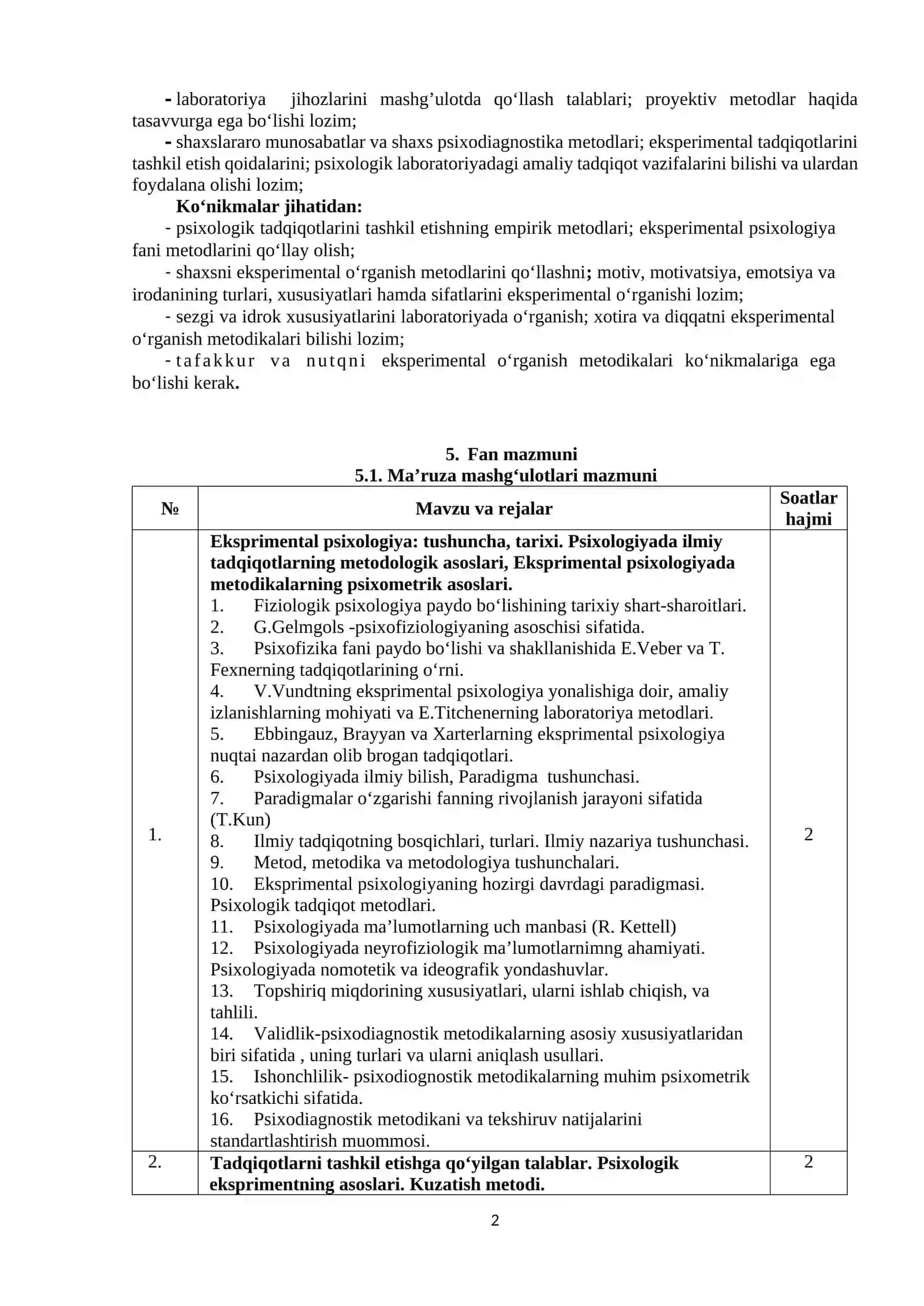 EKSPERIMENTAL PSIXOLOGIYA FANI BO‘YICHA SILLABUS 2
