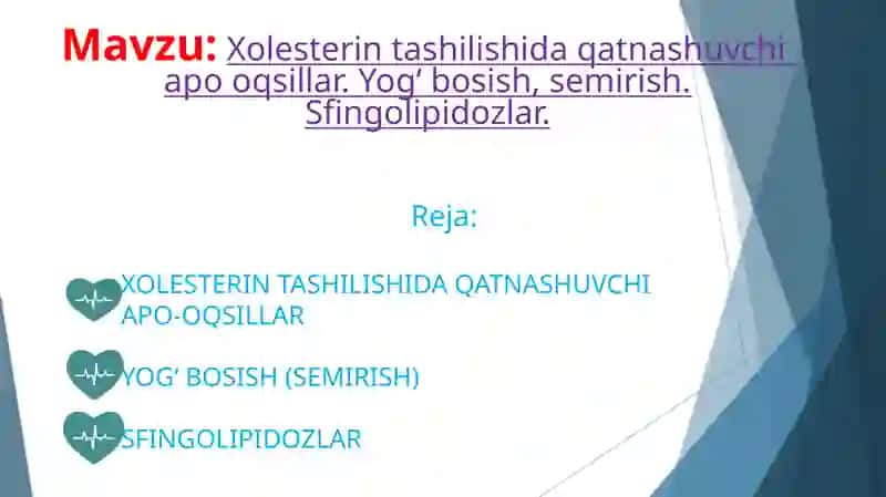 Biokimyo - Xolesterin tashilishida APO-oqsillari, yog' bosishi. Sfingolipidozlar 2