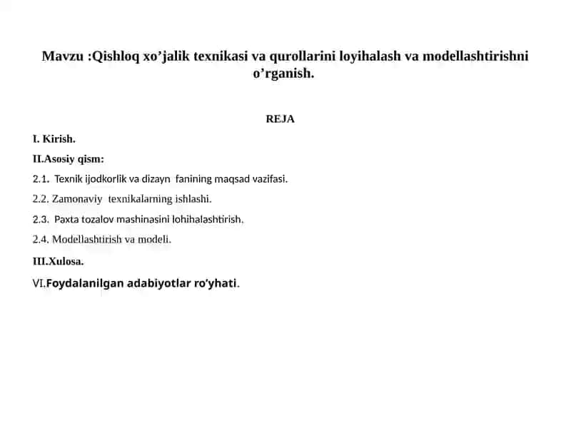 Qishloq xo’jalik texnikasi va qurollarini loyihalash va modellashtirishni o’rganish 2
