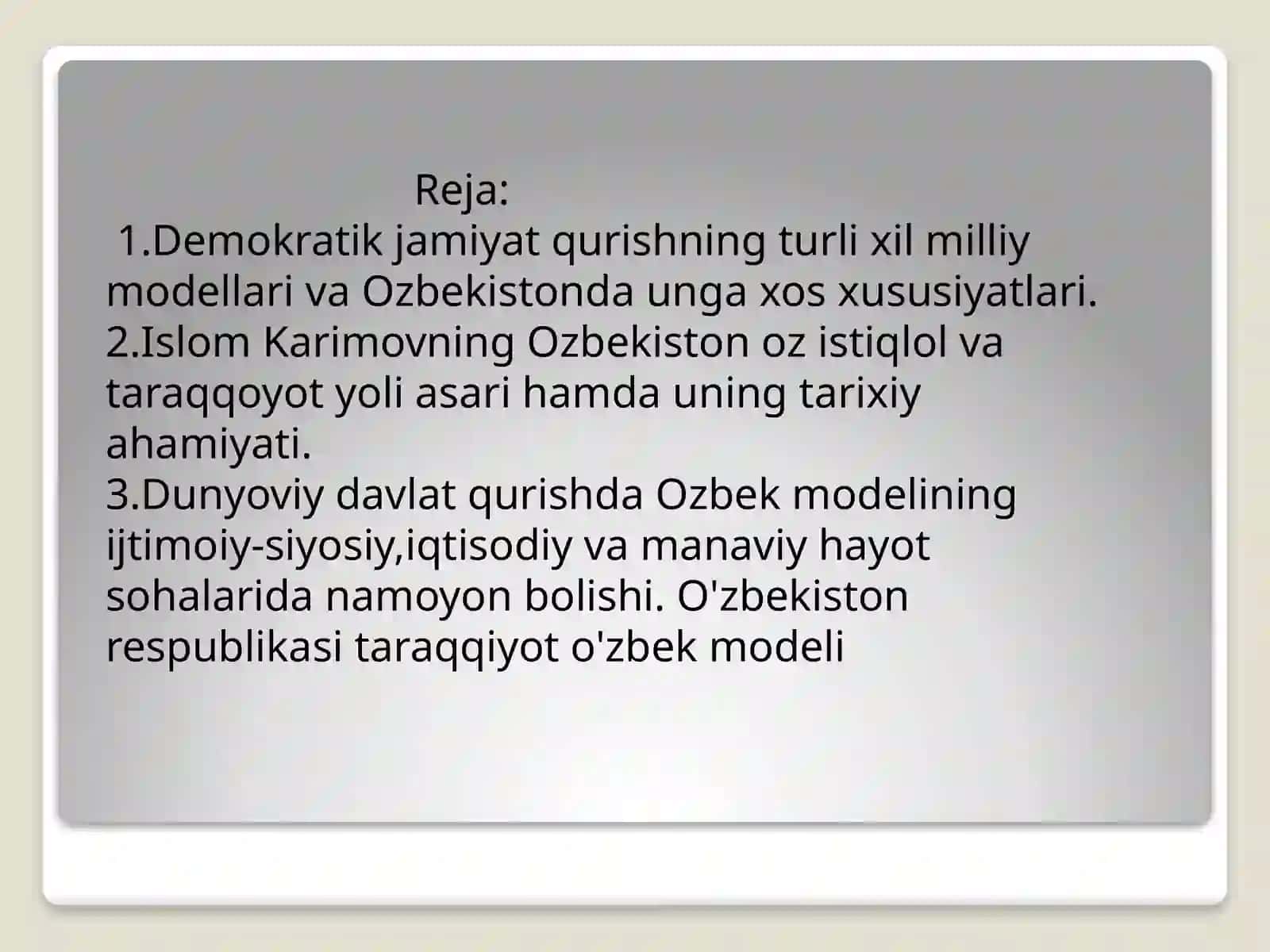 O'zbekiston respublikasi taraqqiyoti o'zbek modeli 2