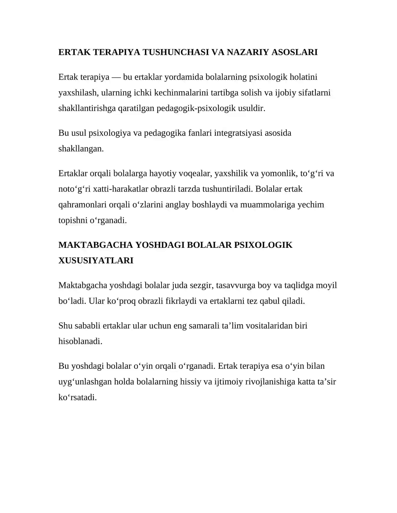Maktabgacha ta'lim tashkilotlarida ertak terapiyadan foydalanish esse 2
