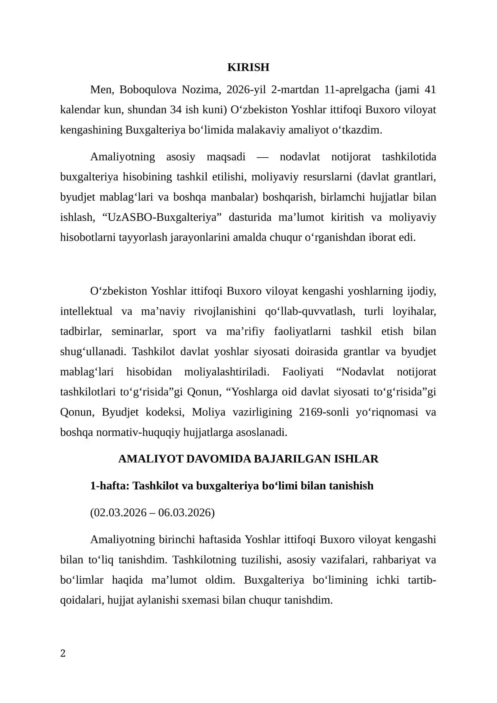 Yoshlar ittifoqi Buxoro viloyat kengashi. Amaliyot hisoboti. 2