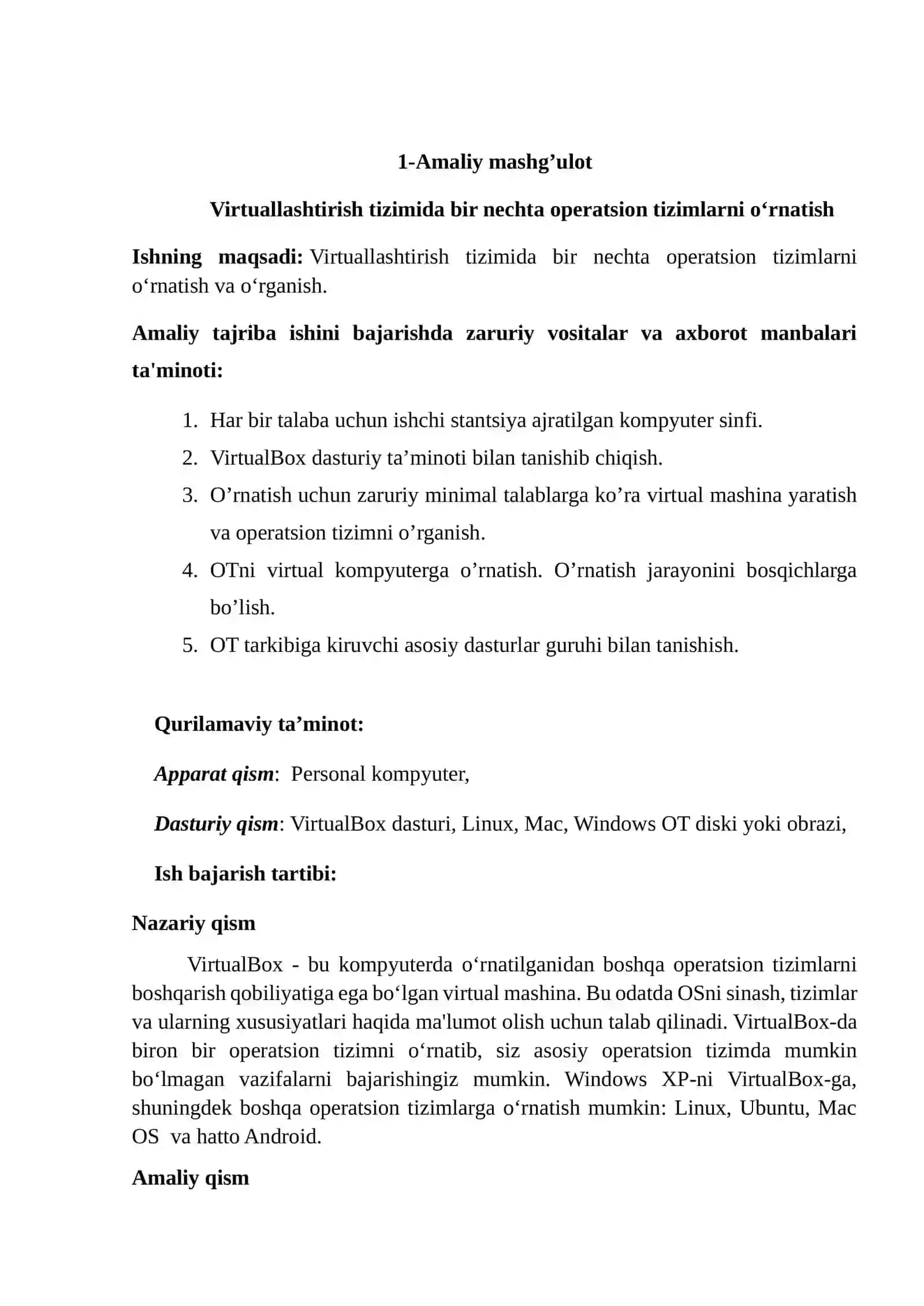 Amaliy ish: Virtuallashtirish tizimida bir nechta operatsion tizimlarni o‘rnatish 2