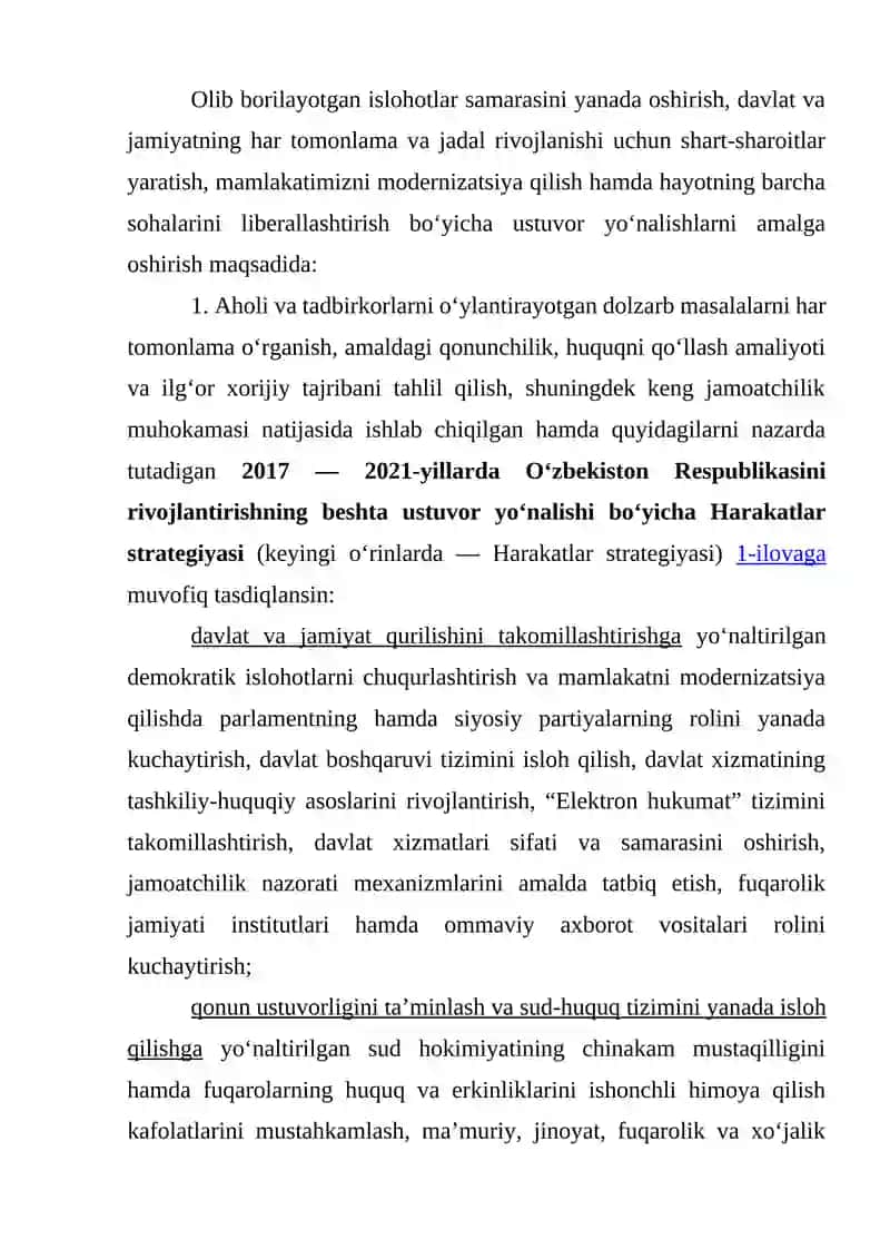 O‘zbekiston Respublikasini Yanada Rivojlantirish Bo‘yicha Harakatlar Strategiyasi 2