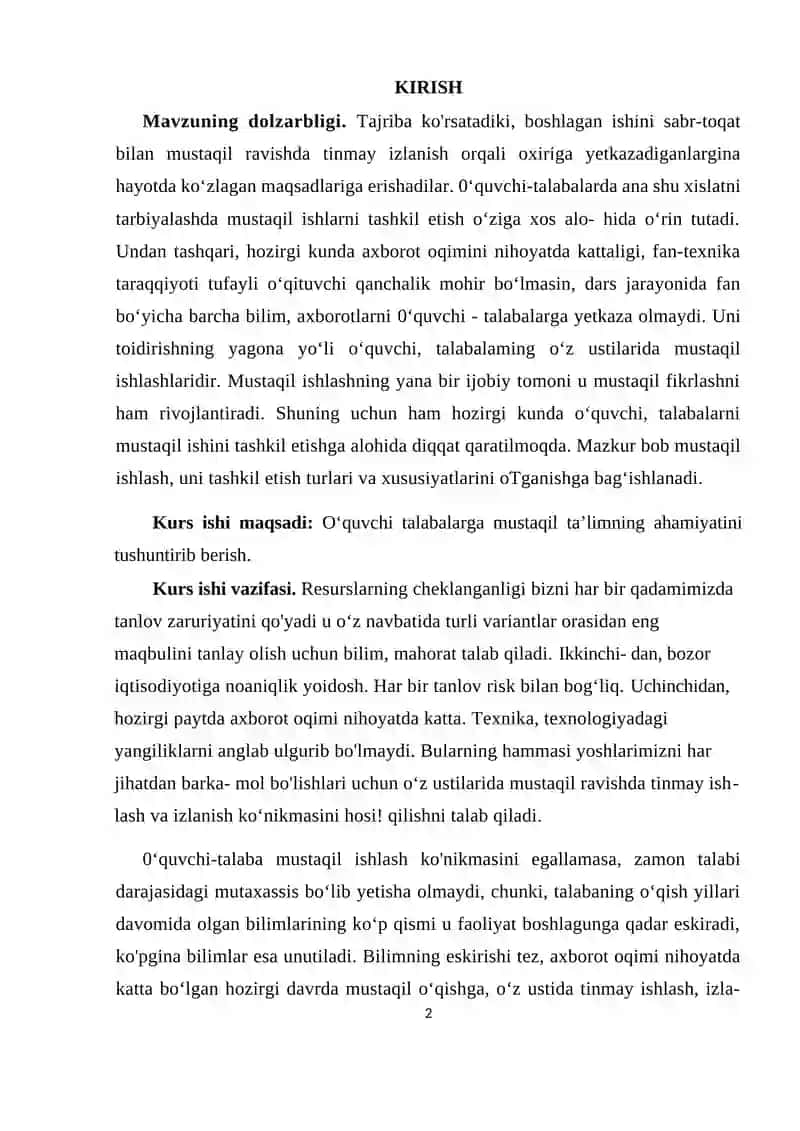 TALIM MENEJMENTINI O‘QITISHDA FOYDALANILADIGAN MUSTAQIL ISH TURLARI VA ULARNING SAMARADORLIK DARAJASI 2