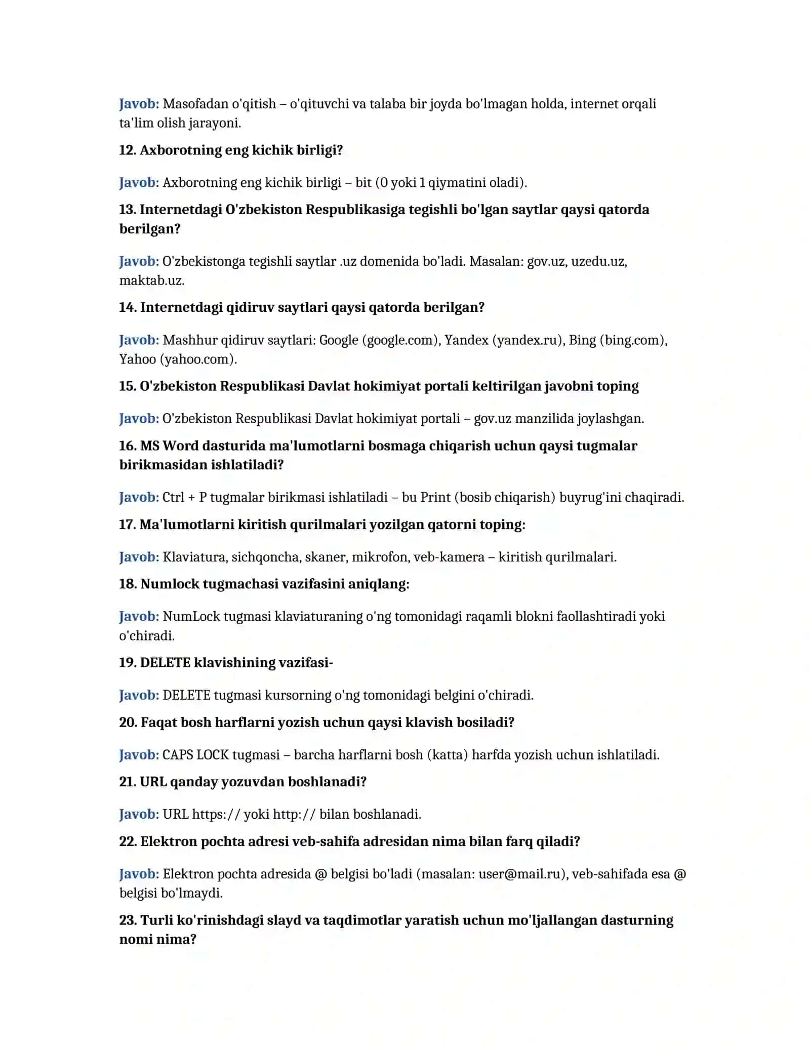 Informatika fanidan savol va javoblar 2