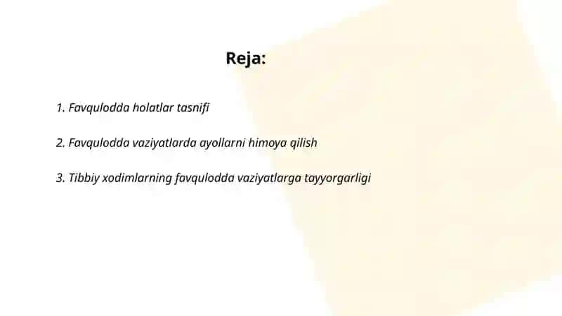 Favqulotda holatlar va Unda tibbiy xodim chora tadbirlari 2