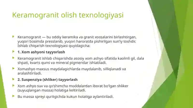 Keramogranit olish texnologiyasi. Keramogranit uchun xom ashyolar. Sunʼiy pardozbop rangli tashqi yuzalar uchun materiallar 2