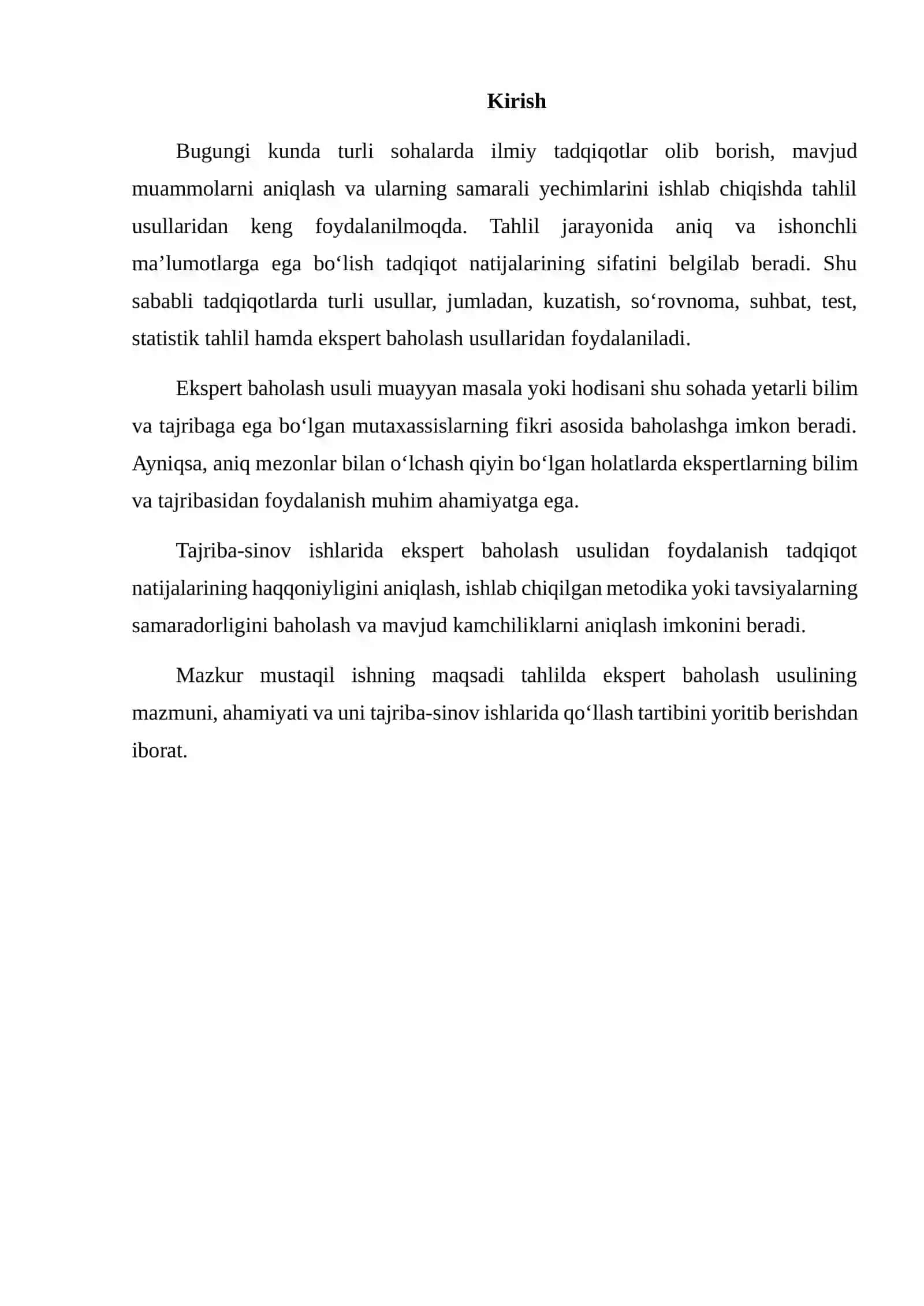 TAHLILDA EKSPERT BAHOLASH USULINING QO‘LLANILISHI: TAJRIBA-SINOV ISHLARINI AMALGA OSHIRISH 2