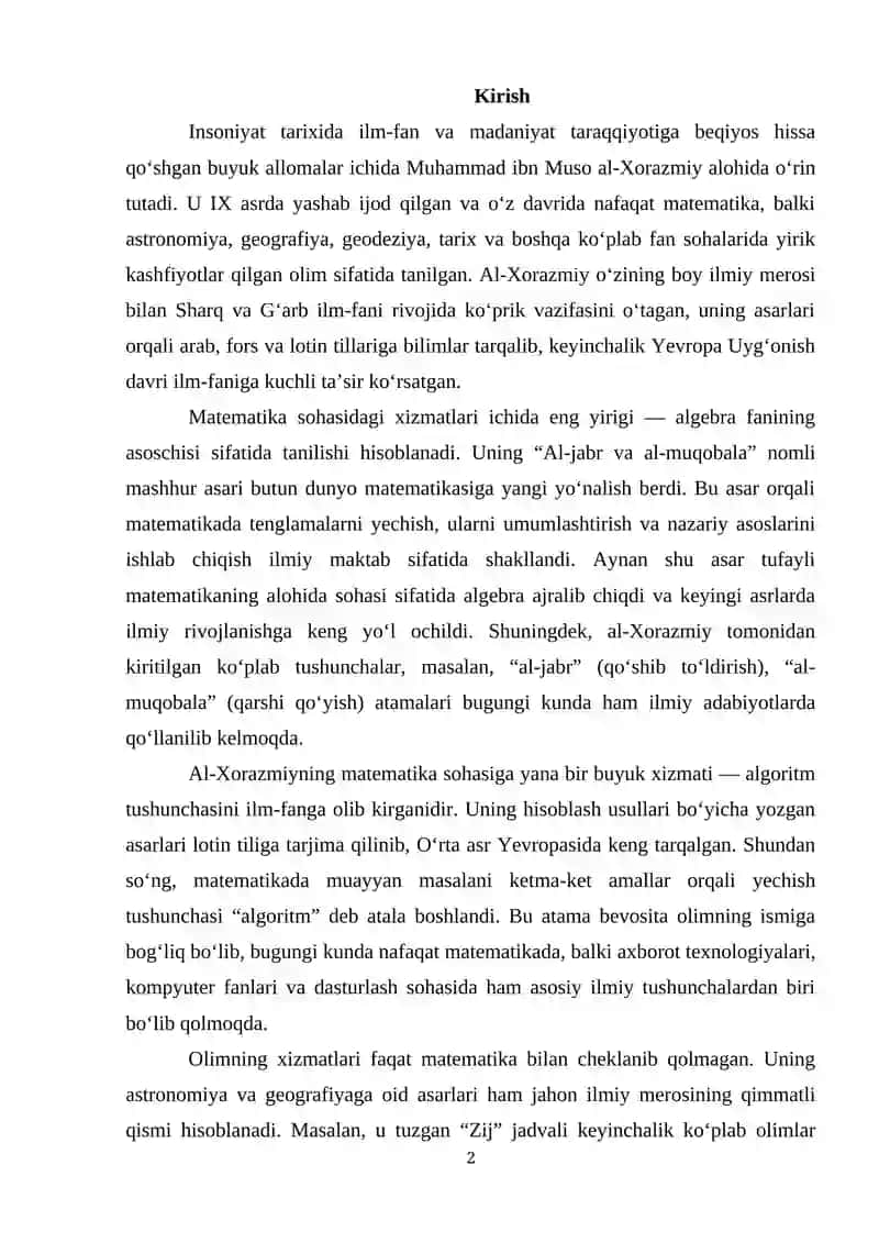 Muxammad ibn Muso al Xorazmiyning matematika taraqqiyotiga qo'shgan hissasi 2