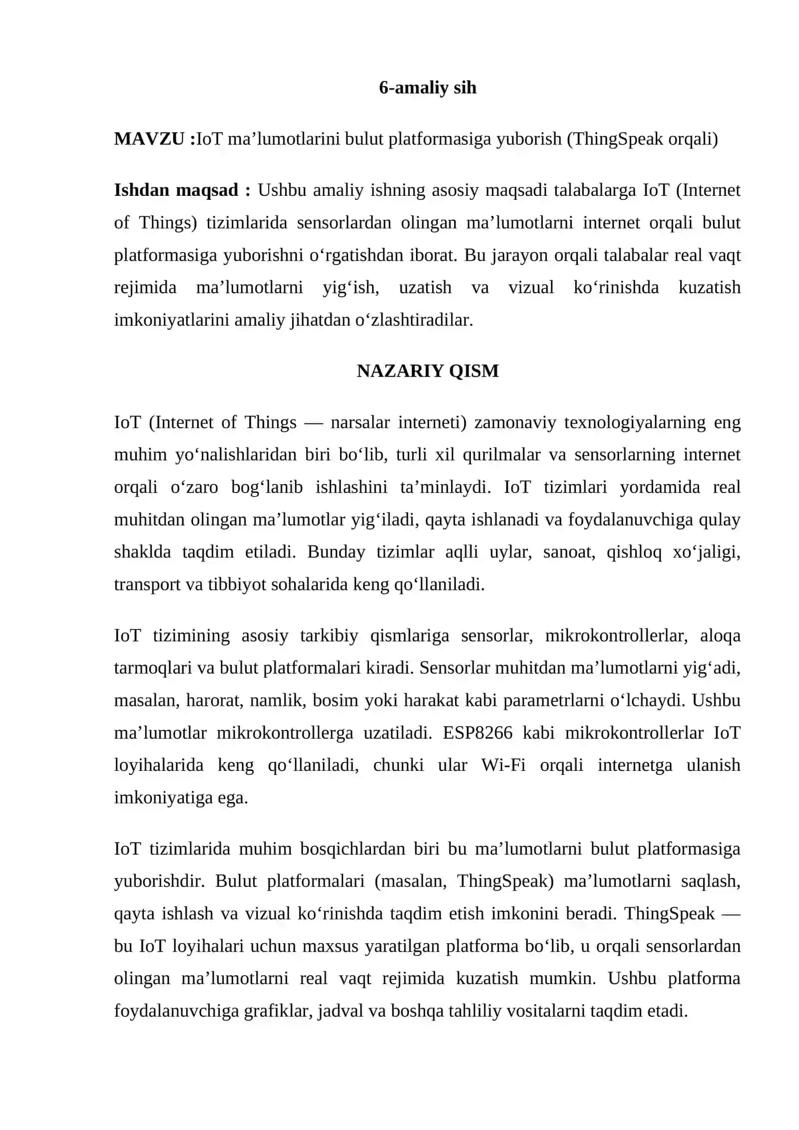 IoT ma’lumotlarini bulut platformasiga yuborish (ThingSpeak orqali) 2