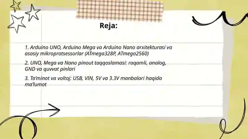 Arduino UNO Arduino Mega va Arduino NoNA mikroprosessorlar haqida malumotlar 2