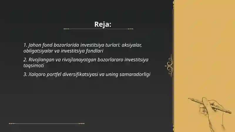 Jahon amaliyotida fond bozorlariga kiritilgan investitsiyalarning tahlili 2
