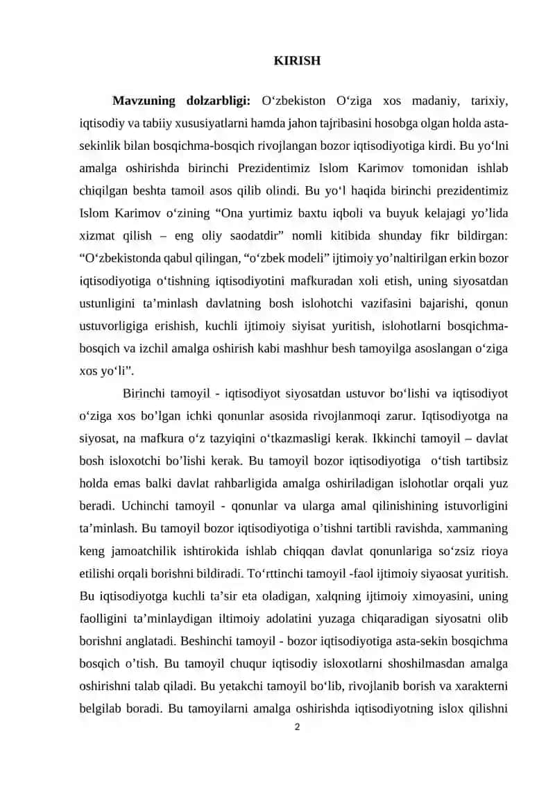 O‘zbekistonda iqtisodiy islohotlar, xususiy mulkchilikning shakllanishi, bozor munosabatlarining rivojlanishi. 2