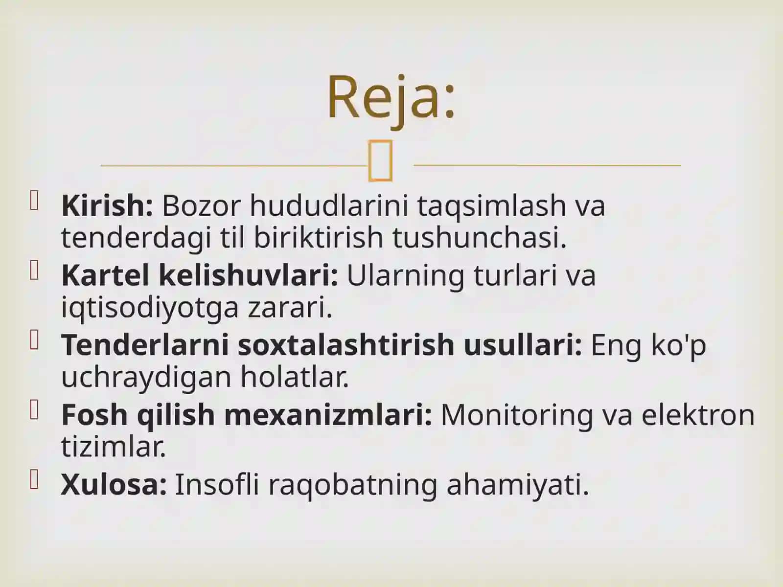 Bozor hududlarini taqsimlash hamda tenderdagi g’oliblik bo’yicha til biriktirish holatlarini fosh qilish mexanizmi 2