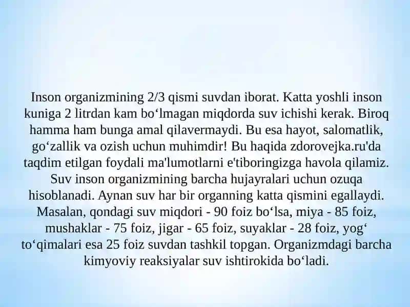 Inson hayoti faoliyatida suvning ahamiyati va inson organizmi uchun meyori 2