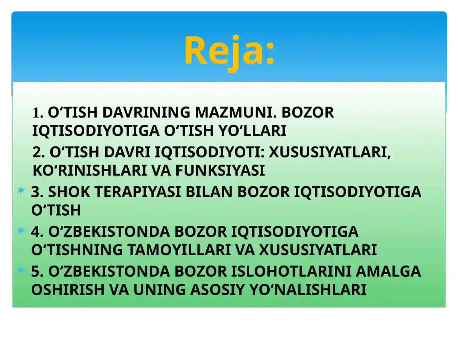 O‘TISH DAVRINING MOHIYATI VAAHAMIYATI.O‘ZBEKISTON RESPUBLIKASIDAGI MA’MURIY- BUYRUQBOZLIK TIZIMIDAN BOZOR MUNOSABATLARIGA O‘TISH DAVRI KONSEPSIYASI 2