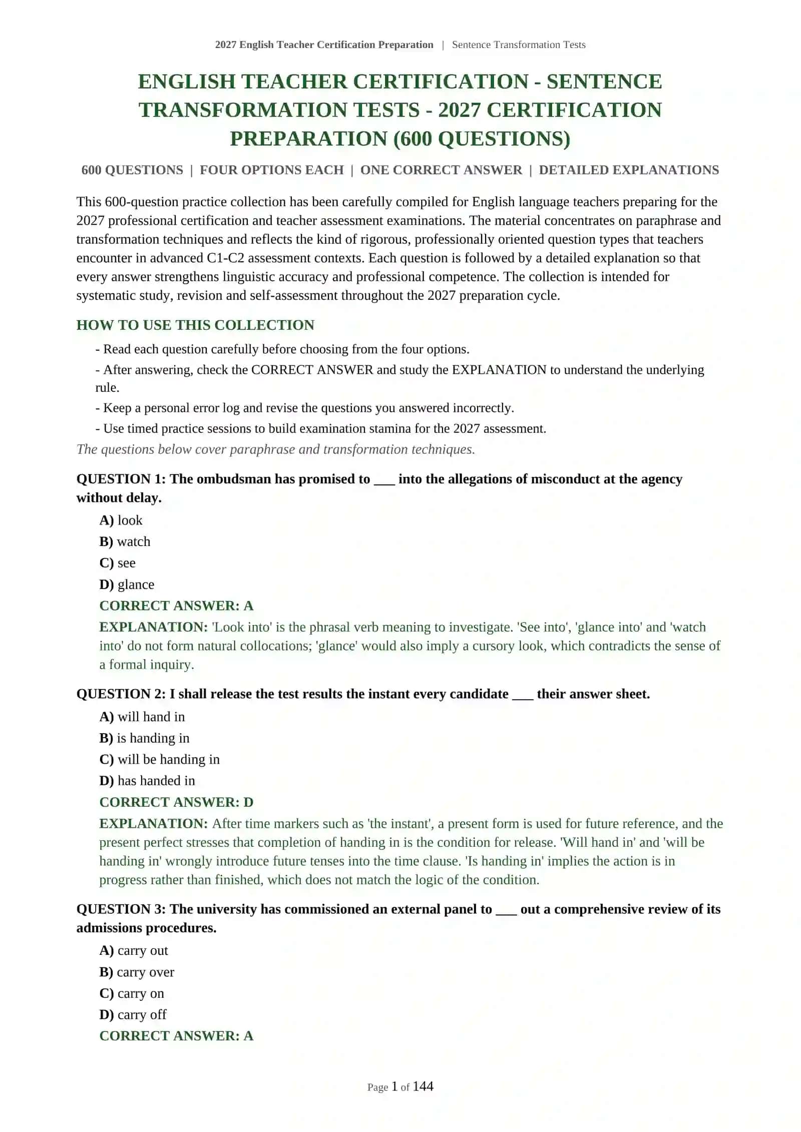 2027 English Teacher Certification Preparation | Sentence Transformation Tests 2