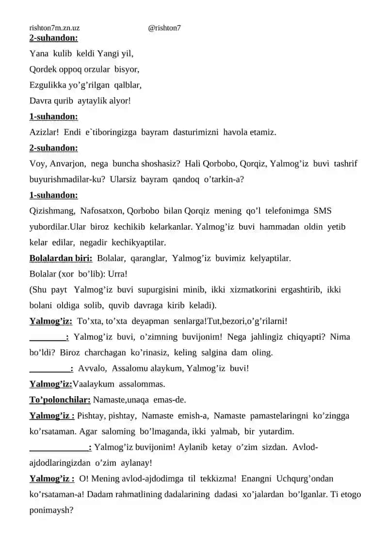 “Assalom, Yangi yil!” nomlitadbir senariysi 2